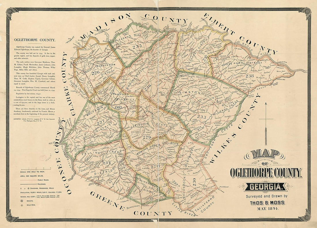 This old map of Map of Oglethorpe County, Georgia from 1894 was created by Thos. B. Moss,  Rand McNally and Company in 1894