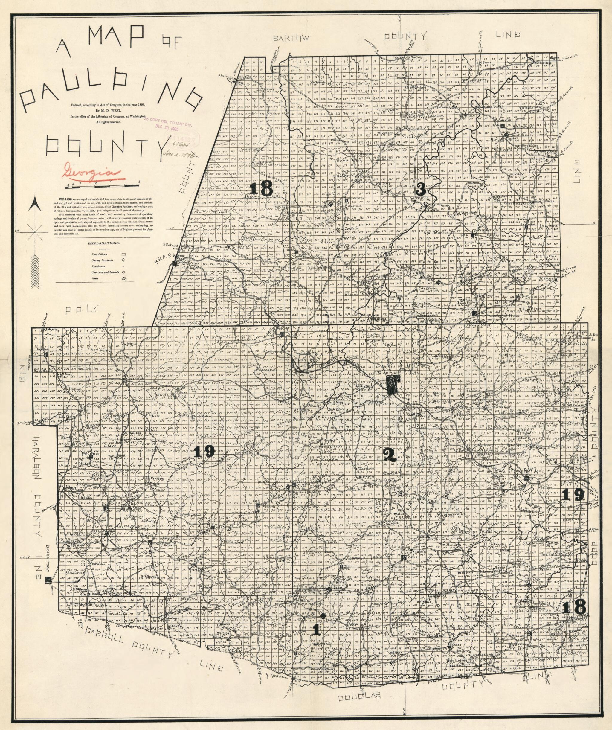 This old map of A Map of Paulding County. (Map of Paulding County, Georgia) from 1896 was created by M. D. West in 1896