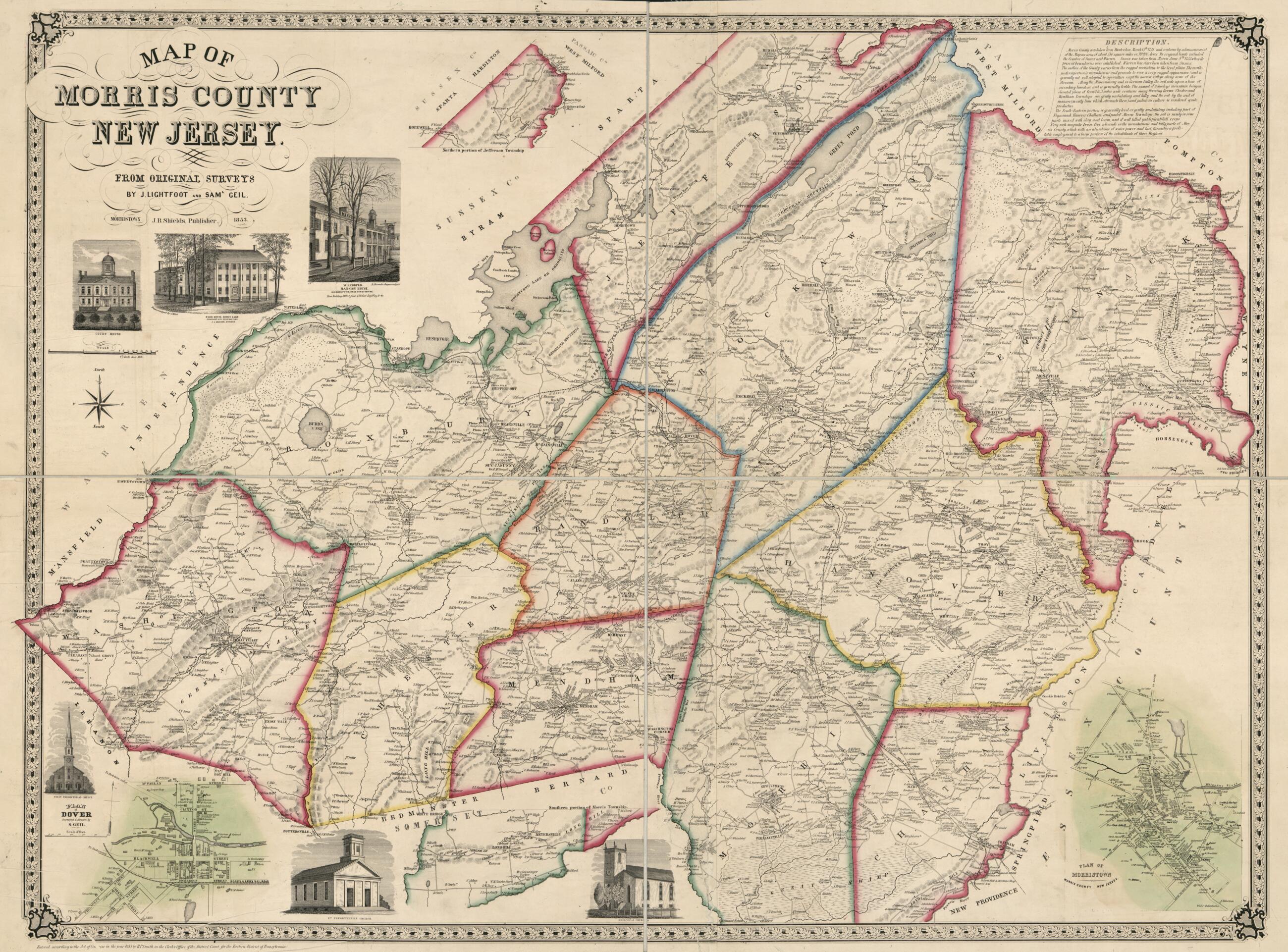 This old map of Map of Morris County, New Jersey : from Original Surveys from 1853 was created by Samuel Geil, Jesse Lightfoot, Robert Pearsall Smith in 1853
