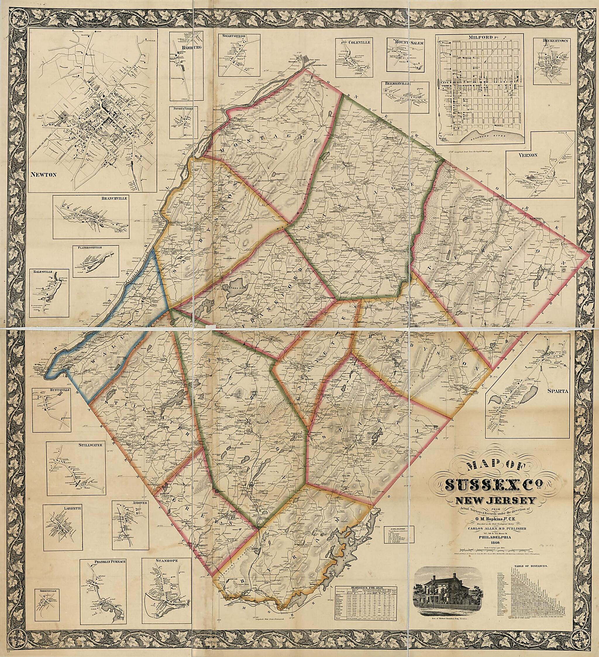 This old map of Map of Sussex County, New Jersey : from Actual Surveys &amp; Records (Map of Sussex County, New Jersey) from 1860 was created by Carlos Allen, Griffith Morgan Hopkins in 1860