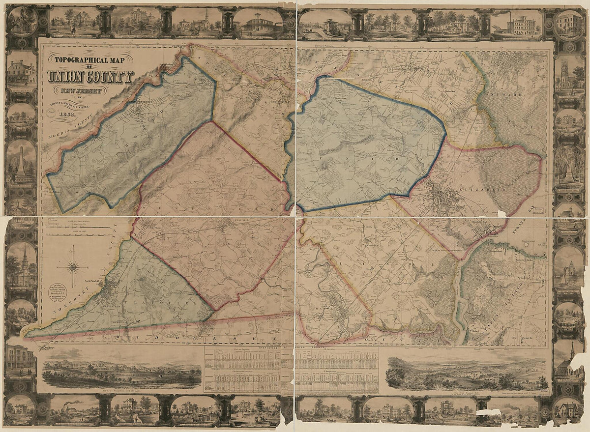 Topographical Map of Union County, New Jersey in 1862 by Relic Map Company