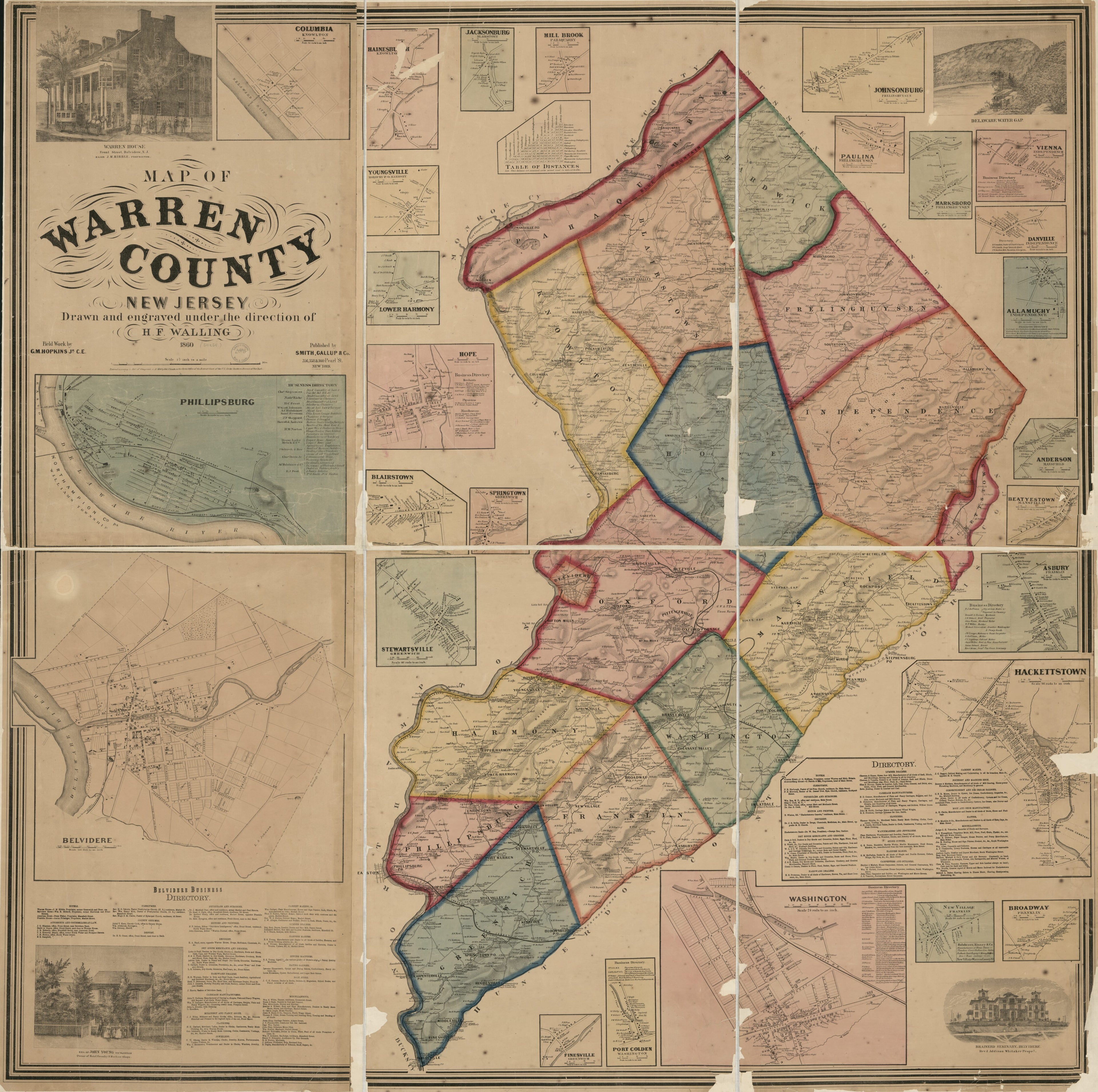 This old map of Map of Warren County, New Jersey from 1860 was created by  H. &amp; C.T. Smith (Firm), Griffith Morgan Hopkins, Gallup &amp; Co Smith, Henry Francis Walling in 1860