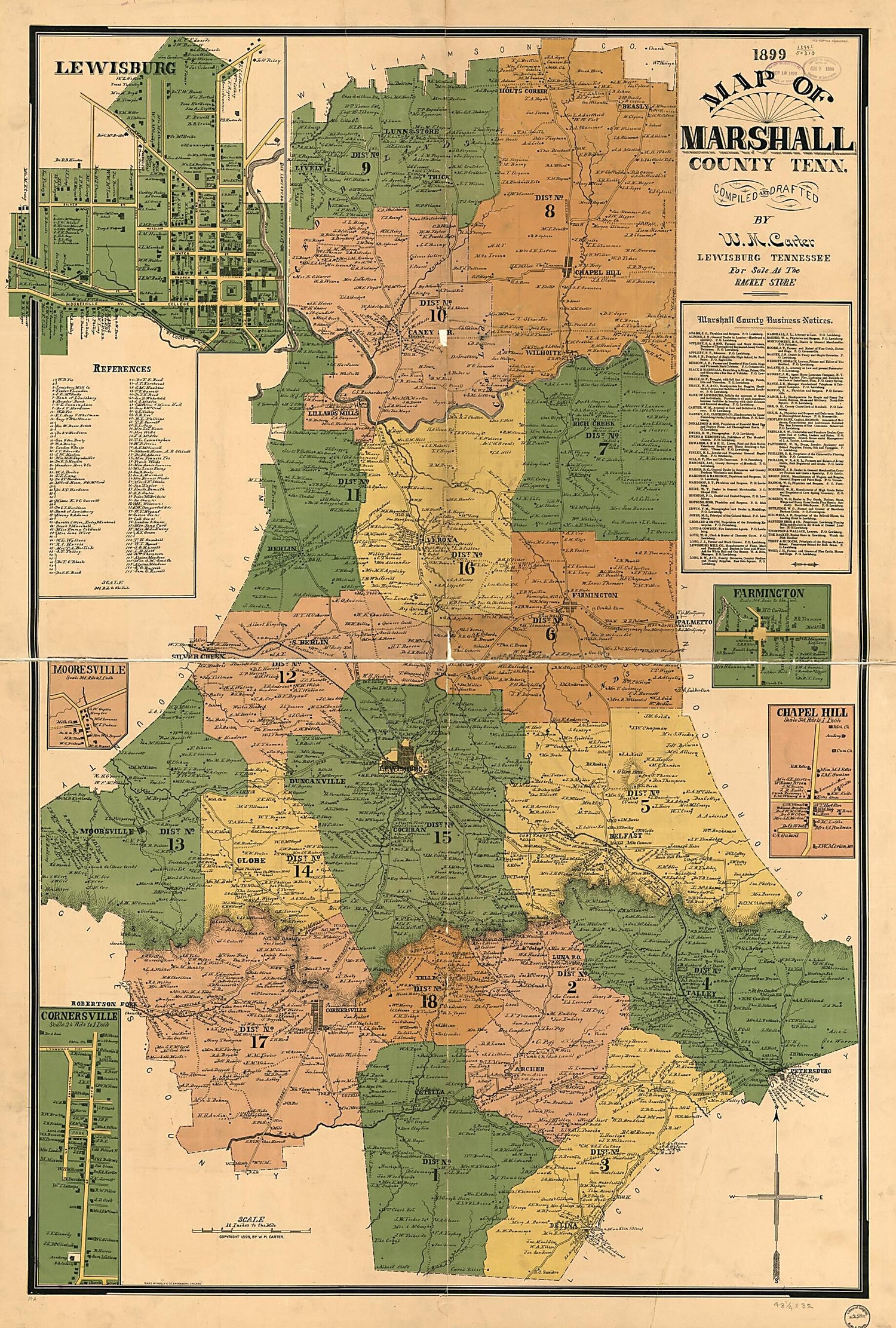 This old map of Map of Marshall County, Tennessee from 1899 was created by W. M. Carter,  Rand McNally and Company in 1899