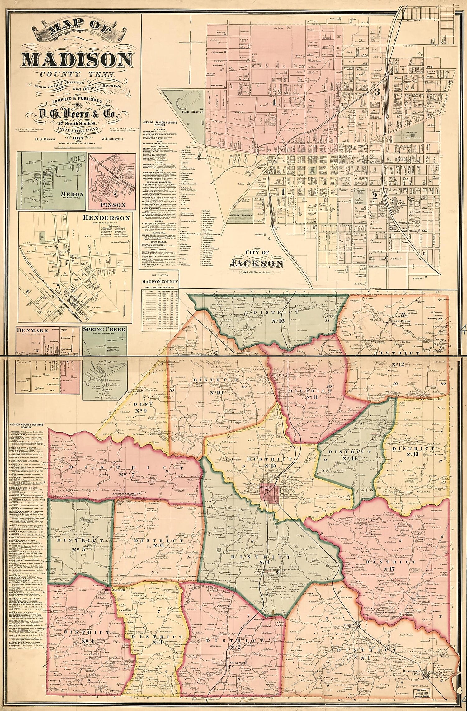 This old map of Map of Madison County, Tennessee : from Actual Surveys and Official Records (Map of Madison County, Tennessee) from 1877 was created by D. G. (Daniel G.) Beers,  D.G. Beers &amp; Co,  H.J. Toudy &amp; Co, J. Lanagan,  Worley &amp; Bracher in 1877