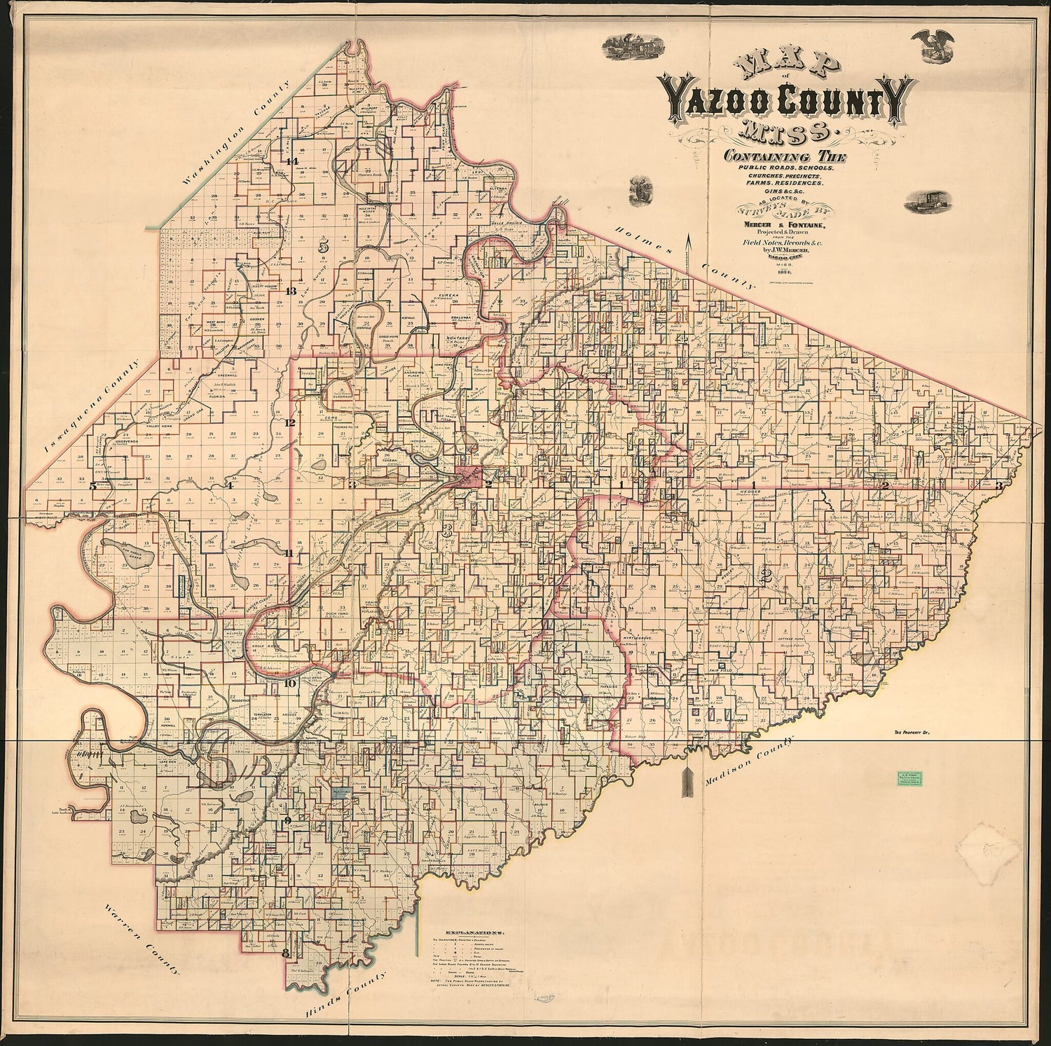 This old map of Map of Yazoo County, Mississippi : Containing the Public Roads, Schools, Churches, Precincts, Farms, Residences, Gins &amp;c. &amp;c. (Yazoo County, Mississippi) from 1874 was created by J. W. Mercer in 1874