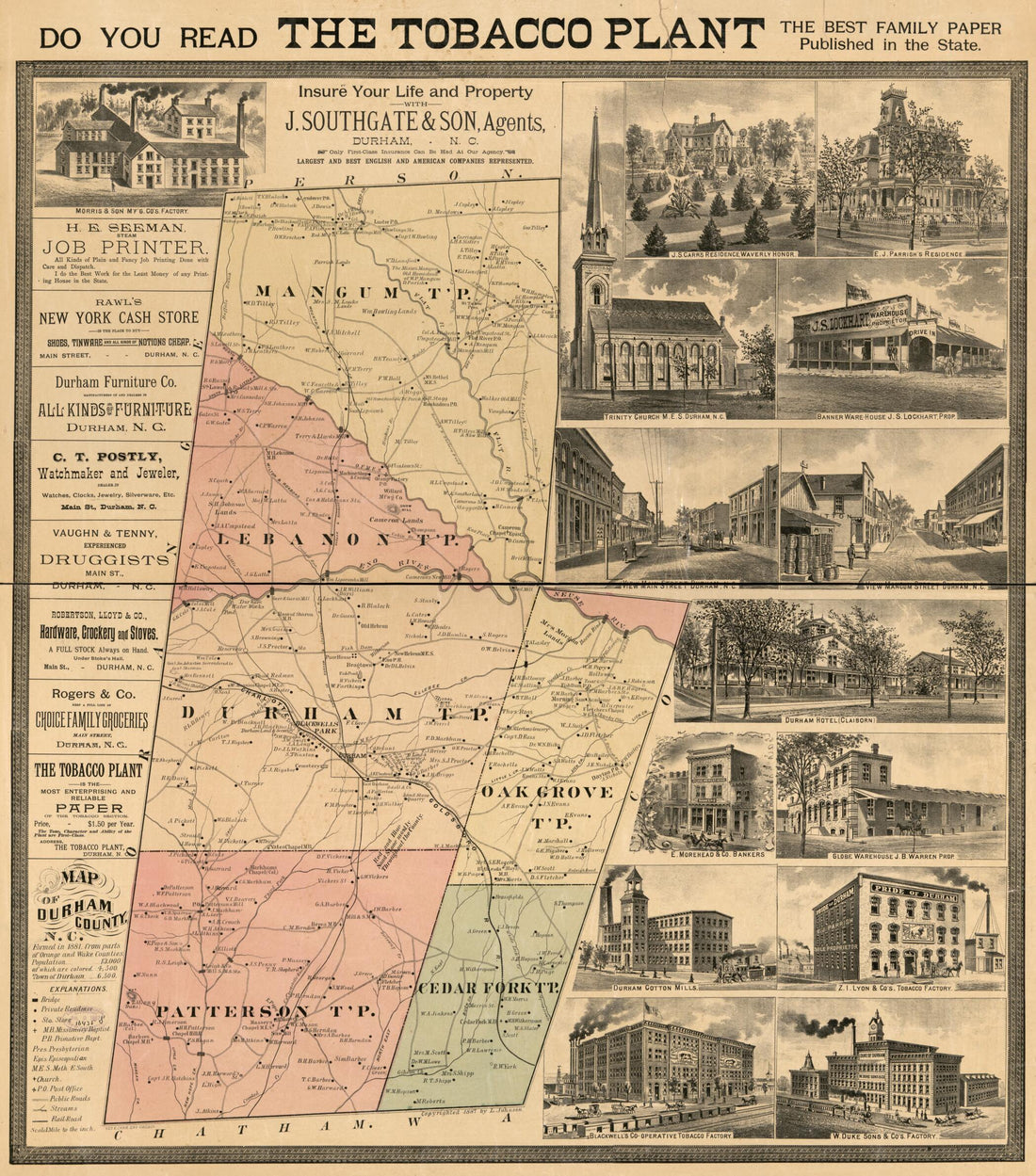 This old map of Map of Durham County, N.C. (Durham County, North Carolina) from 1887 was created by George Franklin Cram, L. Johnson in 1887