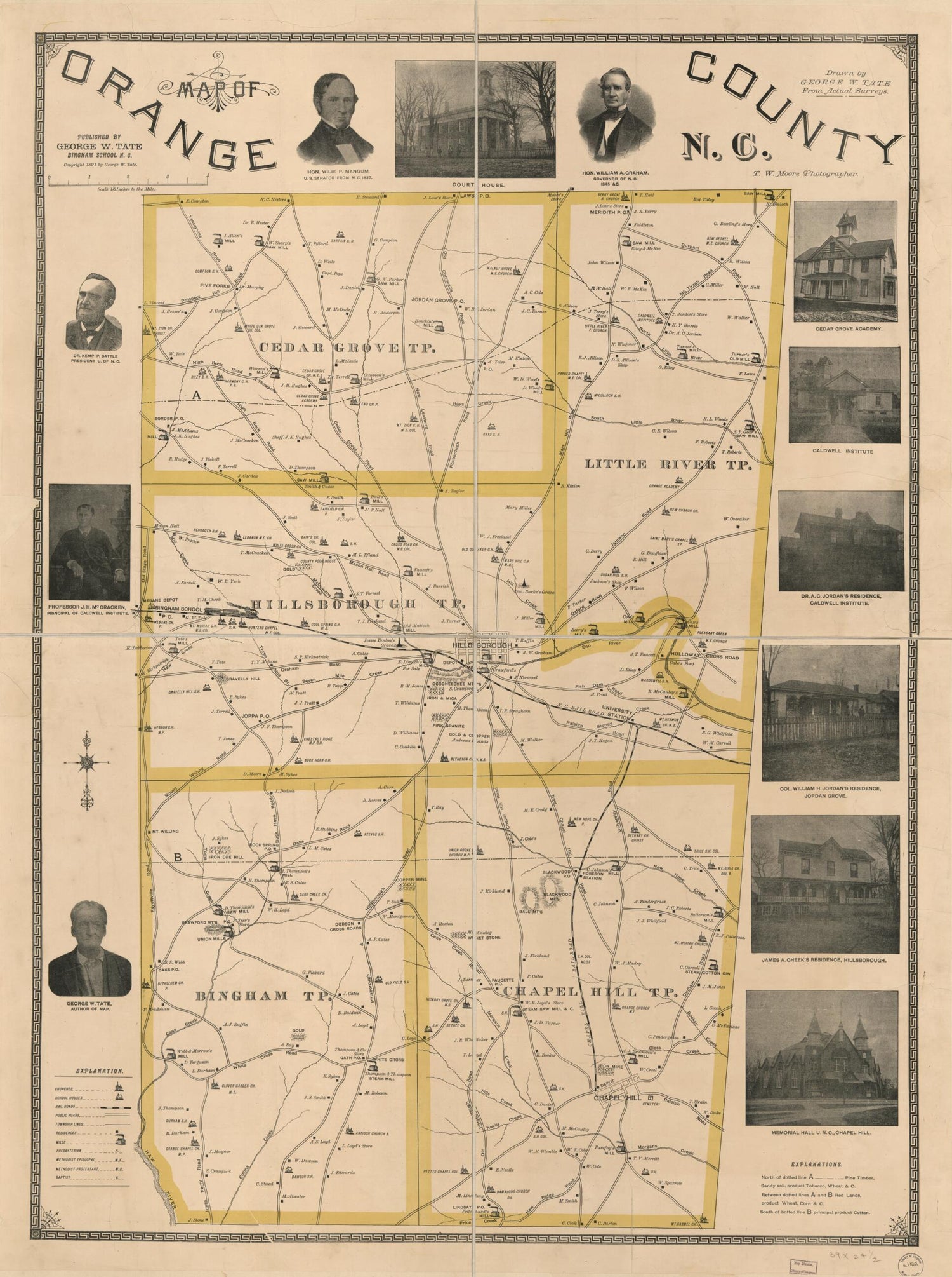 This old map of Map of Orange County, N.C. (Orange County, North Carolina) from 1891 was created by T. W. (Theophilus Wilson) Moore, George W. Tate in 1891