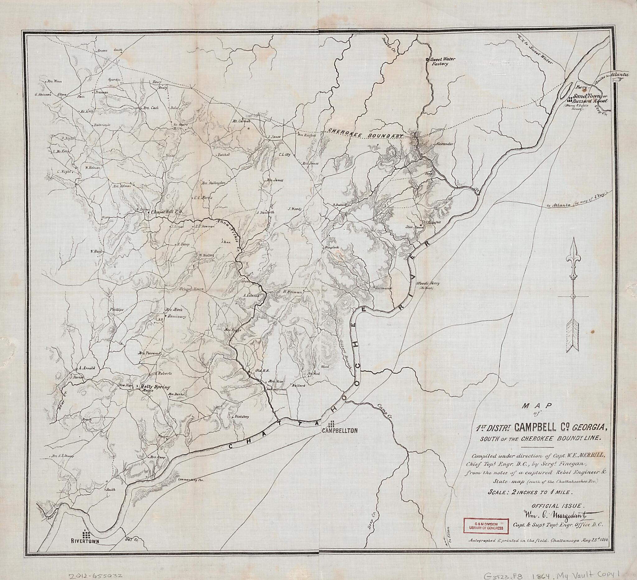 This old map of Map of 1st. Distrt. Campbell County Georgia : South of the Cherokee Boundy. Line (Map of 1st District Campbell County, Georgia, Map of First District, Campbell County, Georgia :) from 1864 was created by Wm. C. (William C.) Margedant, W. 