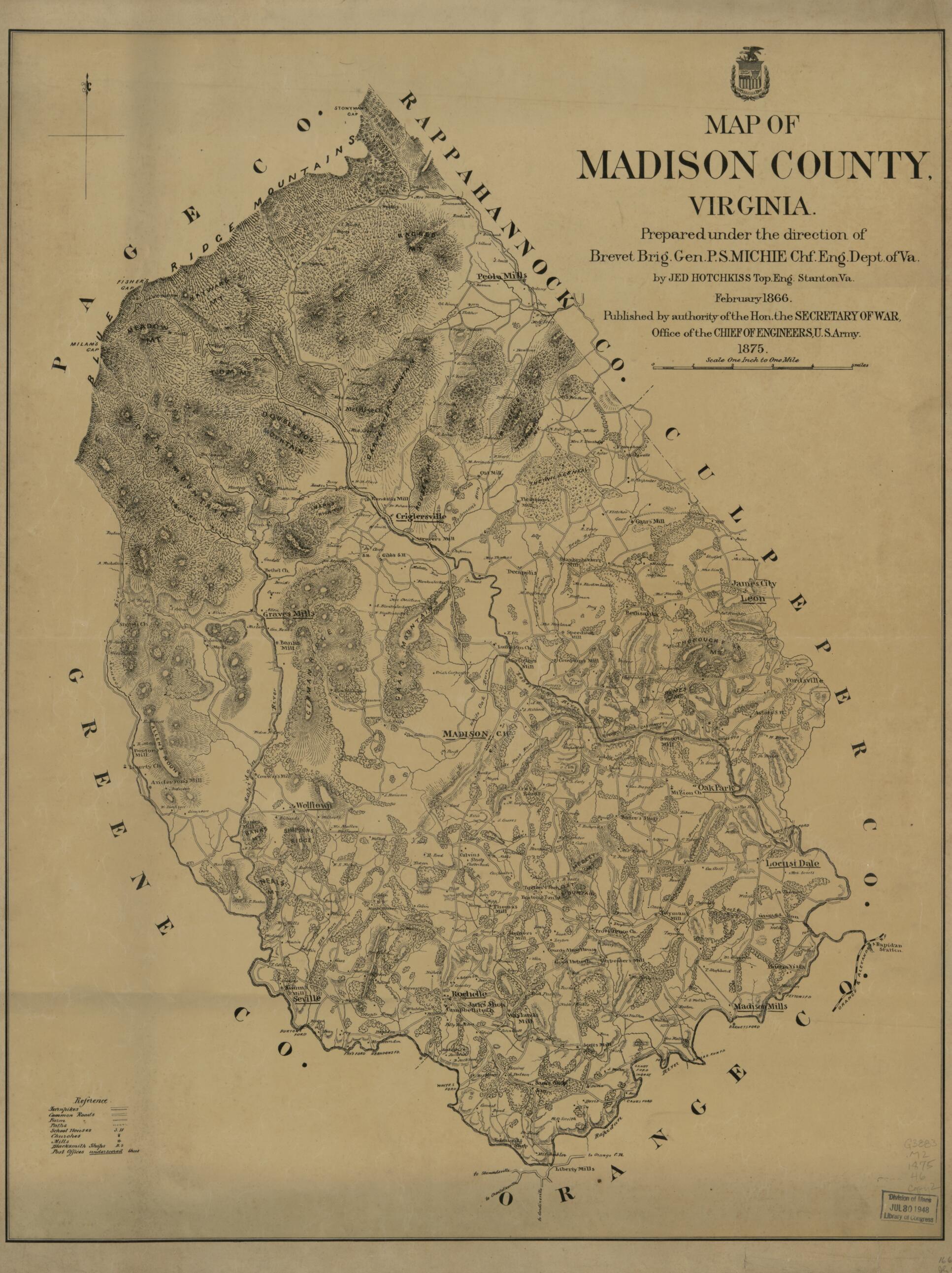 This old map of Map of Madison County, Virginia from 1875 was created by Jedediah Hotchkiss, Peter Smith Michie,  United States. Army. Office of the Chief of Engineers in 1875