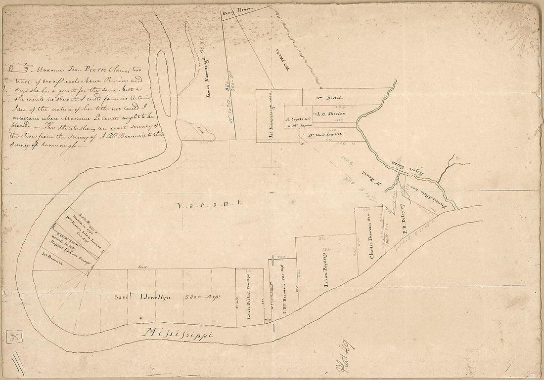 This old map of Map of the Area of Feliciana District, Spanish West Florida, from Bayou Sara North to the Land of James Kavenaugh, Below Tunica Bend from 1805 was created by Vicente Sebastián Pintado in 1805