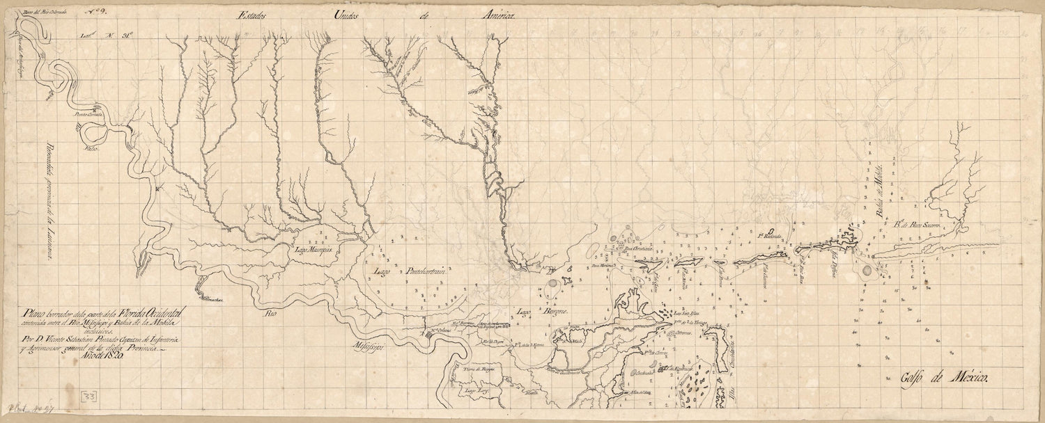 This old map of Plano Borrador De La Parte De La Florida Occidental Contenida Entre El Rio Mississipi Y Bahia De La Mobila Inclusives from 1820 was created by Vicente Sebastián Pintado in 1820