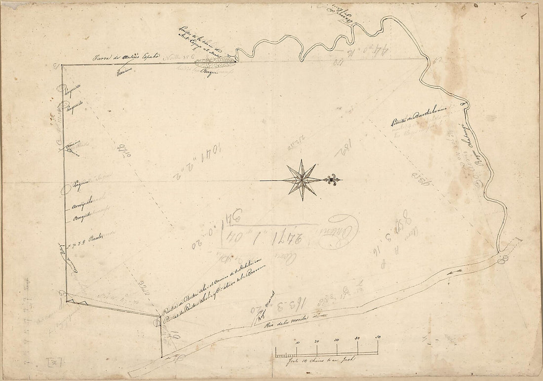 This old map of Plat of Land Along the Rio De La Movila Near Its Juncture With Bayou Chataugé from 1815 was created by Vicente Sebastián Pintado in 1815