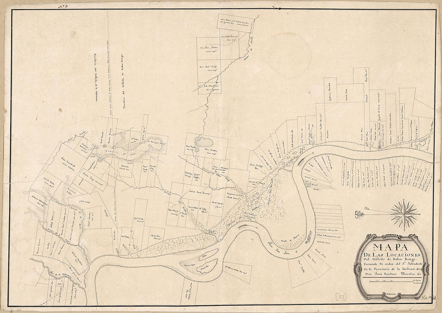 This old map of Mapa De Las Locaciones Del Distrito De Baton Rouge from 1799 was created by Juan Bentura Morales, Vicente Sebastián Pintado in 1799