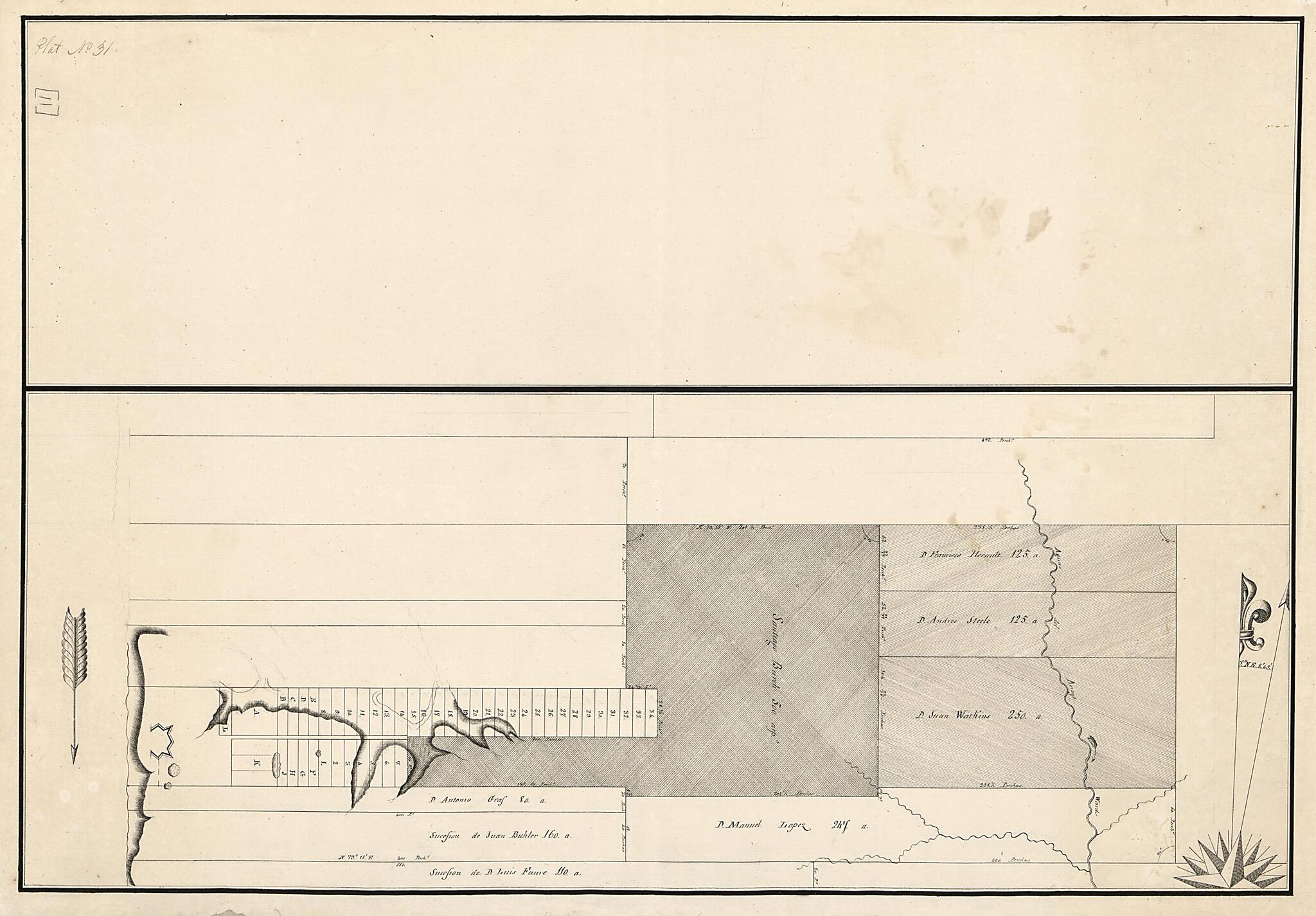 This old map of Plan of Baton Rouge and Adjoining Properties On the Mississippi River from 1805 was created by Vicente Sebastián Pintado in 1805