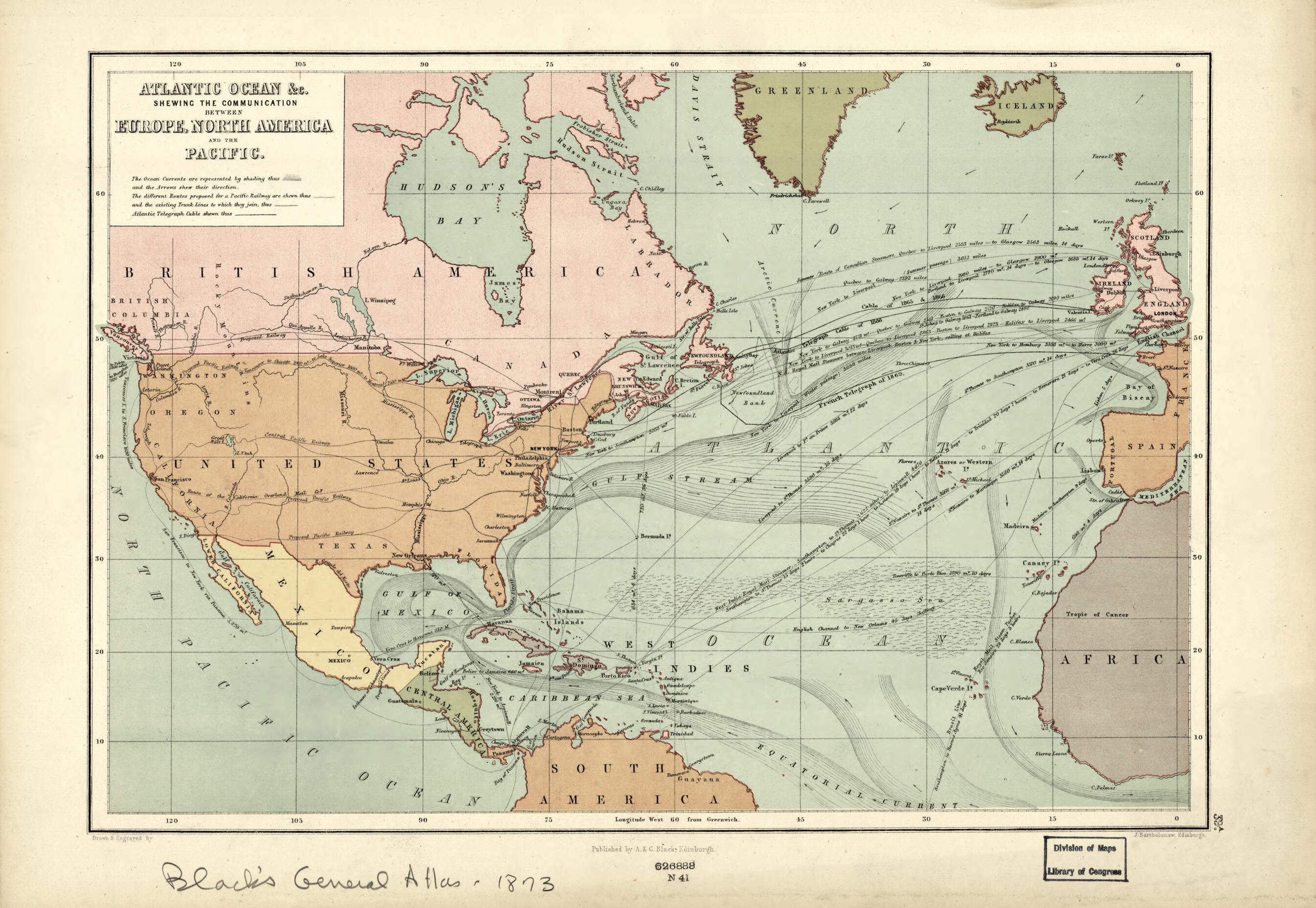 This old map of Atlantic Ocean &amp;c. : Shewing the Communication Between Europe, North America and the Pacific (Atlantic Ocean Etc) from 1873 was created by  Adam and Charles Black (Firm), John Bartholomew in 1873