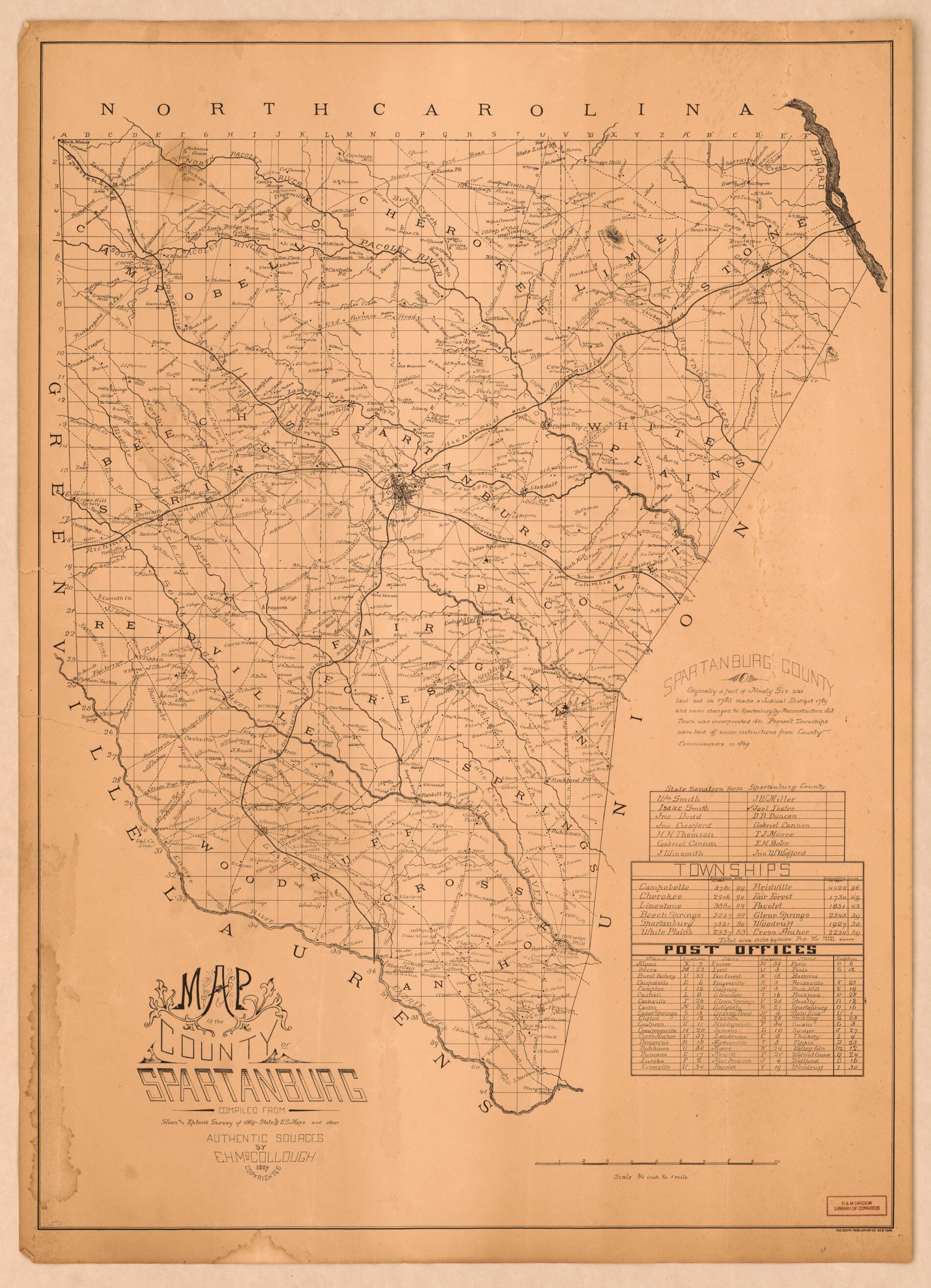 This old map of Map of the County of Spartanburg from 1887 was created by E. H. McCollough,  South Publishing Co in 1887