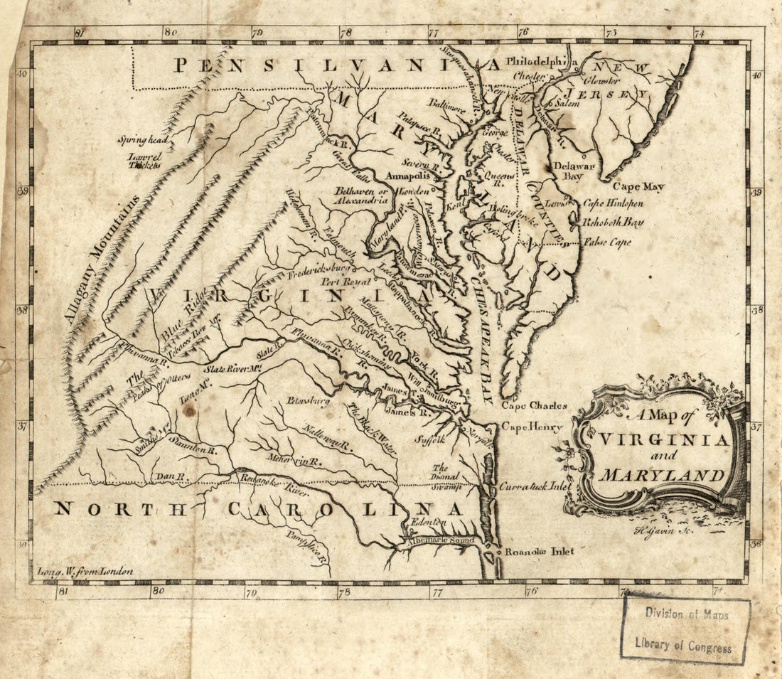 This old map of A Map of Virginia and Maryland (Map of Virginia and Maryland) from 1767 was created by H. Gavin in 1767