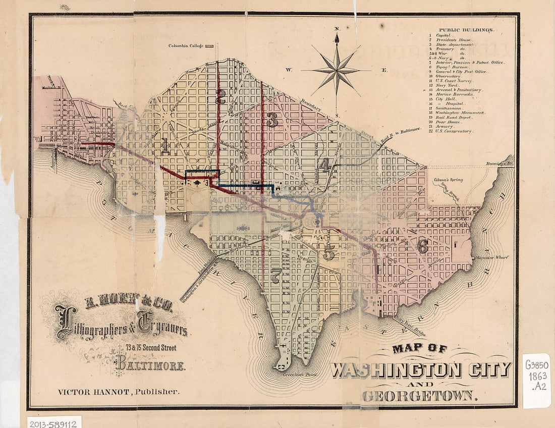 This old map of Map of Washington City and Georgetown from 1863 was created by  A. Hoen &amp; Co, Victor Hannot in 1863