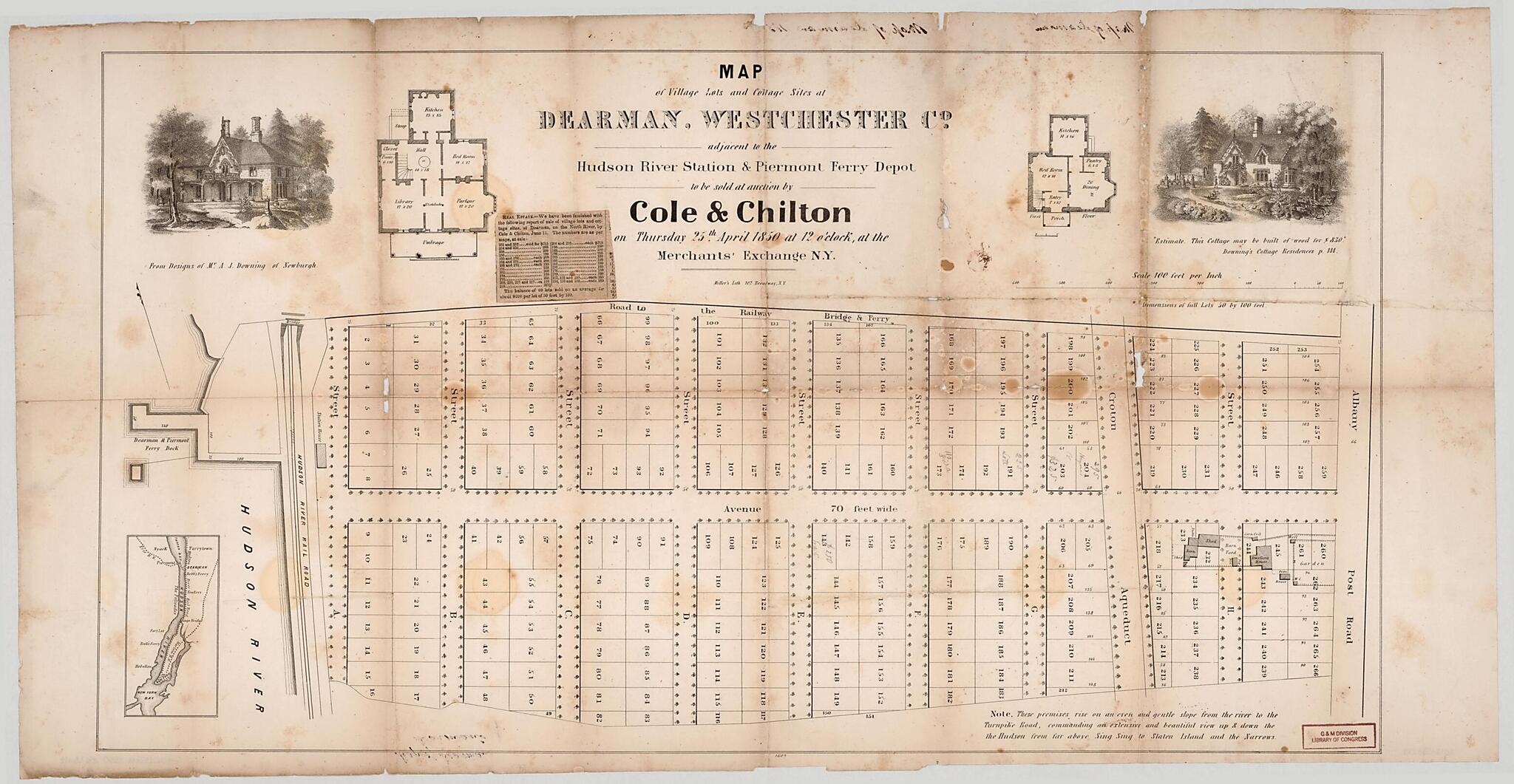 This old map of Map of Village Lots and Cottage Sites at Dearman, Westchester County : Adjacent to the Hudson River Station &amp; Piermont Ferry Depot : to Be Sold at Auction by Cole &amp; Chilton On Thursday 25th April from 1850 at 12 O&