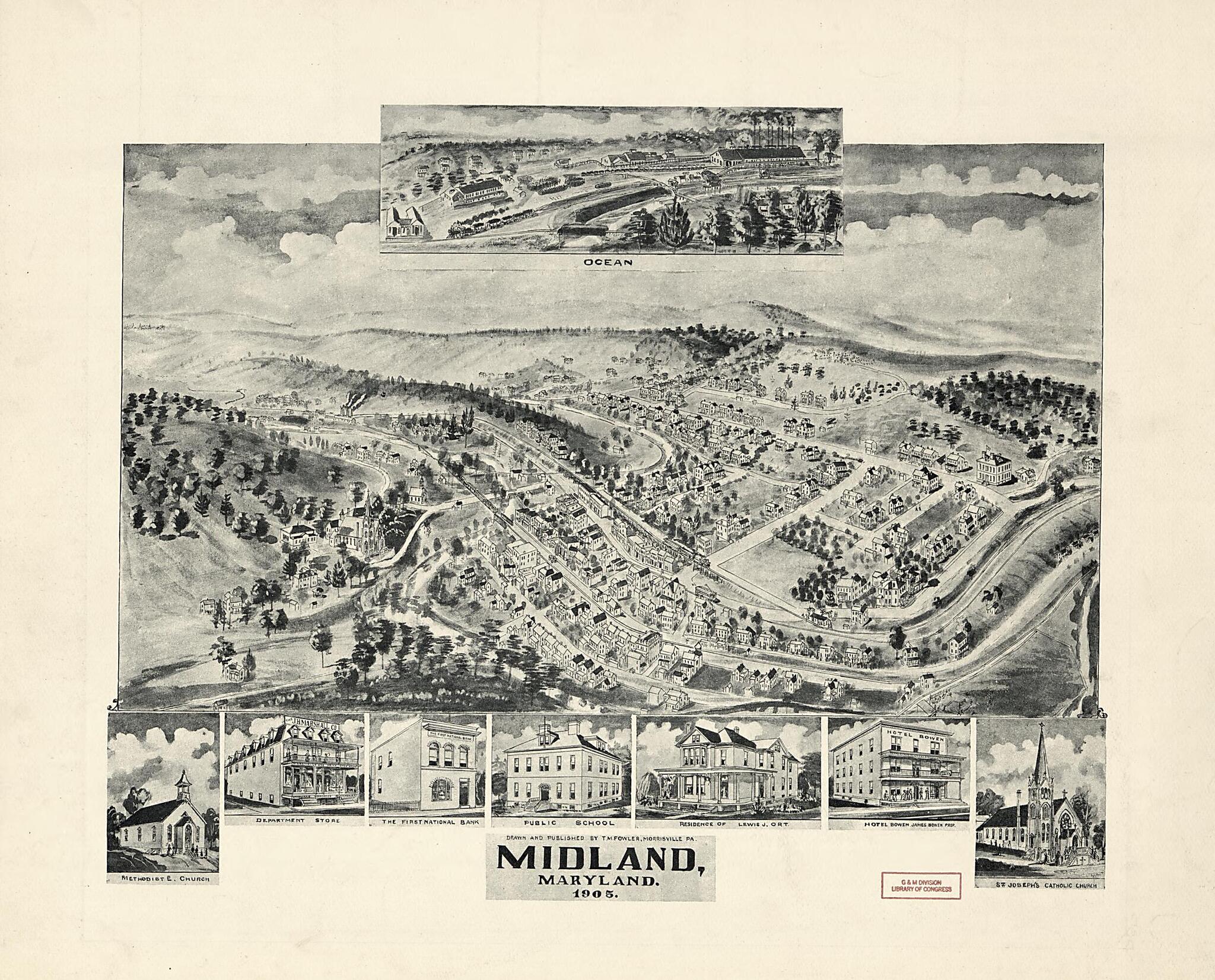 This old map of Midland, Maryland from 1905 was created by T. M. (Thaddeus Mortimer) Fowler,  Philip Lee Phillips Society in 1905