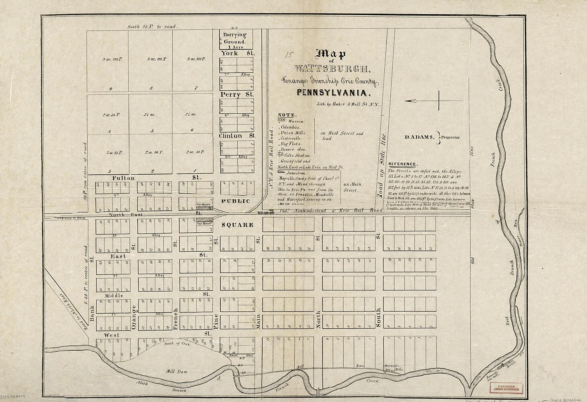 This old map of Map of Wattsburgh, Venango Township, Erie County, Pennsylvania from 1836 was created by D. Adams, Alfred E. Baker,  Philip Lee Phillips Society in 1836