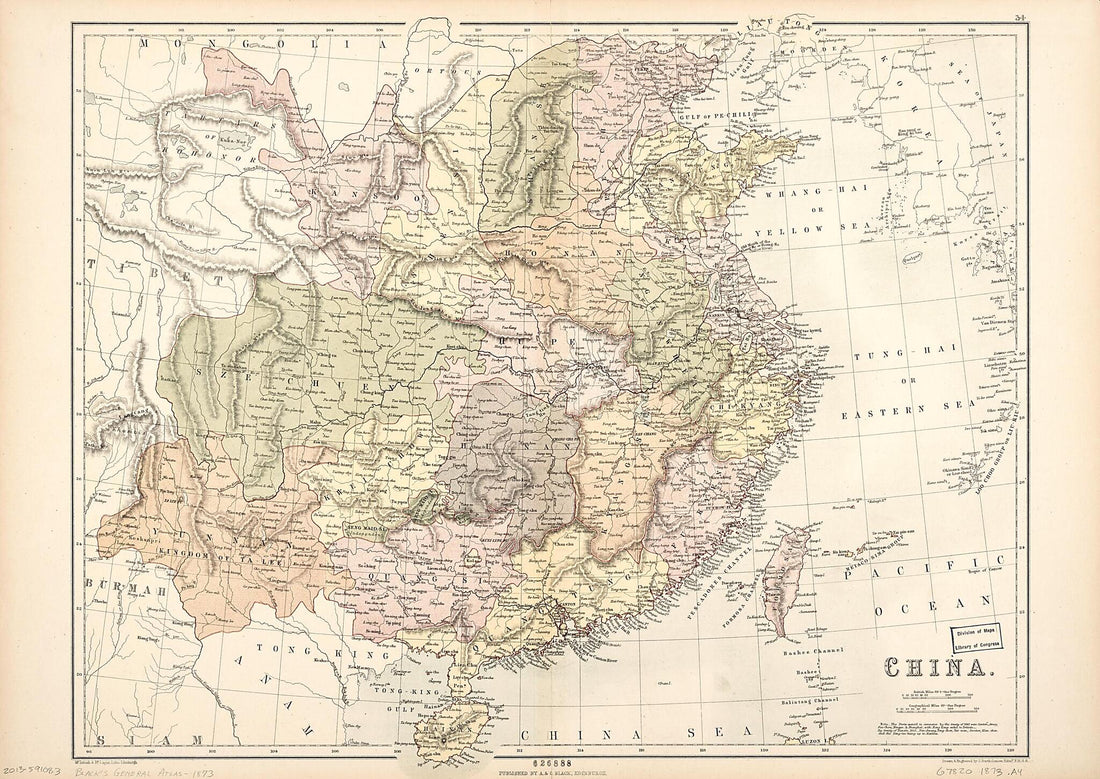 This old map of China from 1873 was created by  Adam and Charles Black (Firm), J. G. (John George) Bartholomew in 1873
