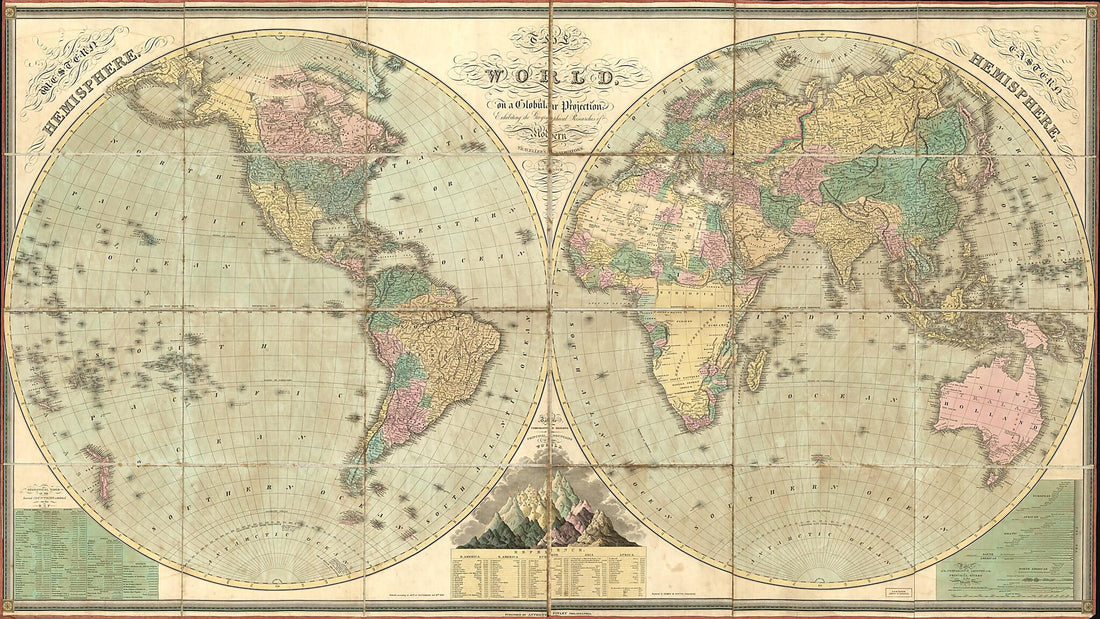 This old map of The World, On a Globular Projection, Exhibiting the Geographical Researches of Modern Travellers &amp; Navigators from 1826 was created by D. H. (David H.) Vance in 1826