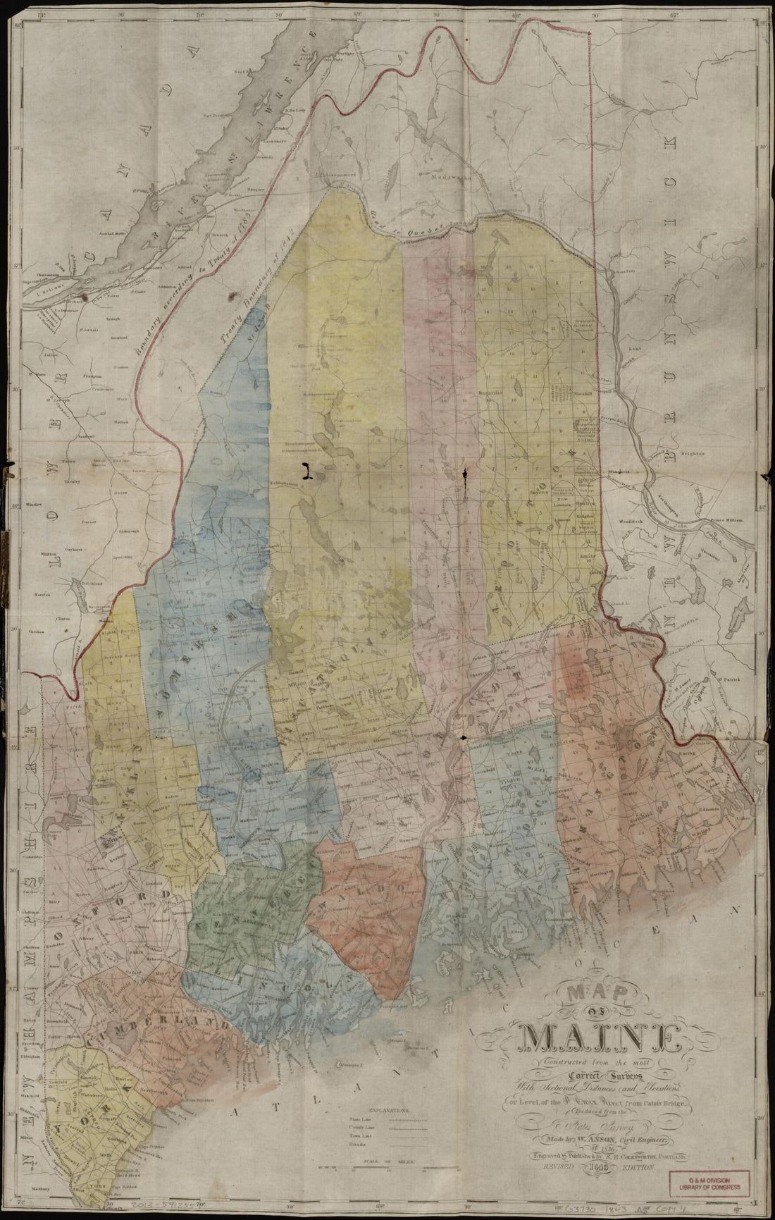 This old map of Map of Maine : Constructed from the Most Correct Surveys With Sectional Distances and Elevations, Or Level, of the St. Croix River from Calais Bridge Deduced from the States Survey from 1843 was created by W. Anson, Samuel Hodgson Coleswo
