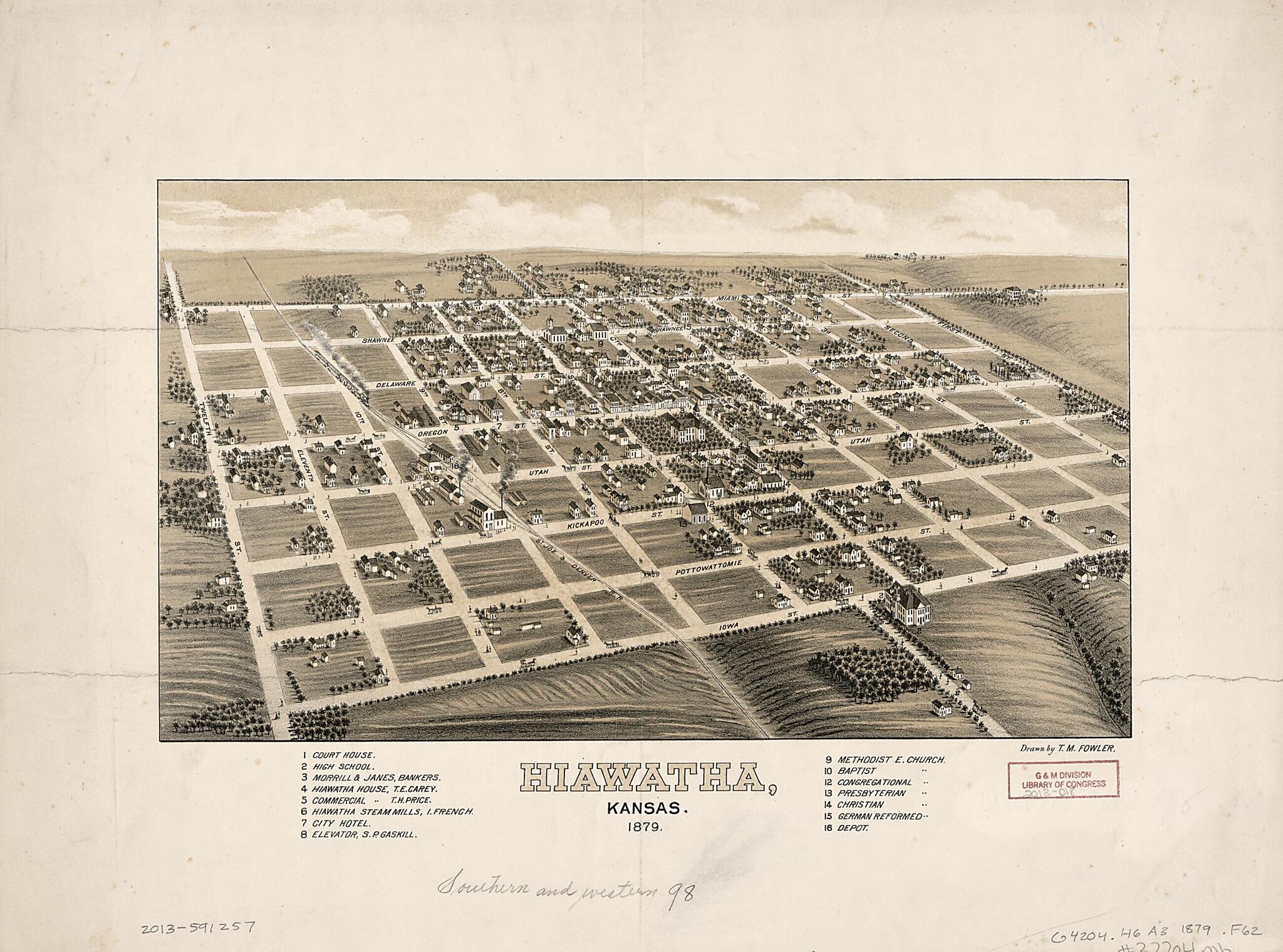 This old map of Hiawatha, Kansas, from 1879 was created by T. M. (Thaddeus Mortimer) Fowler in 1879