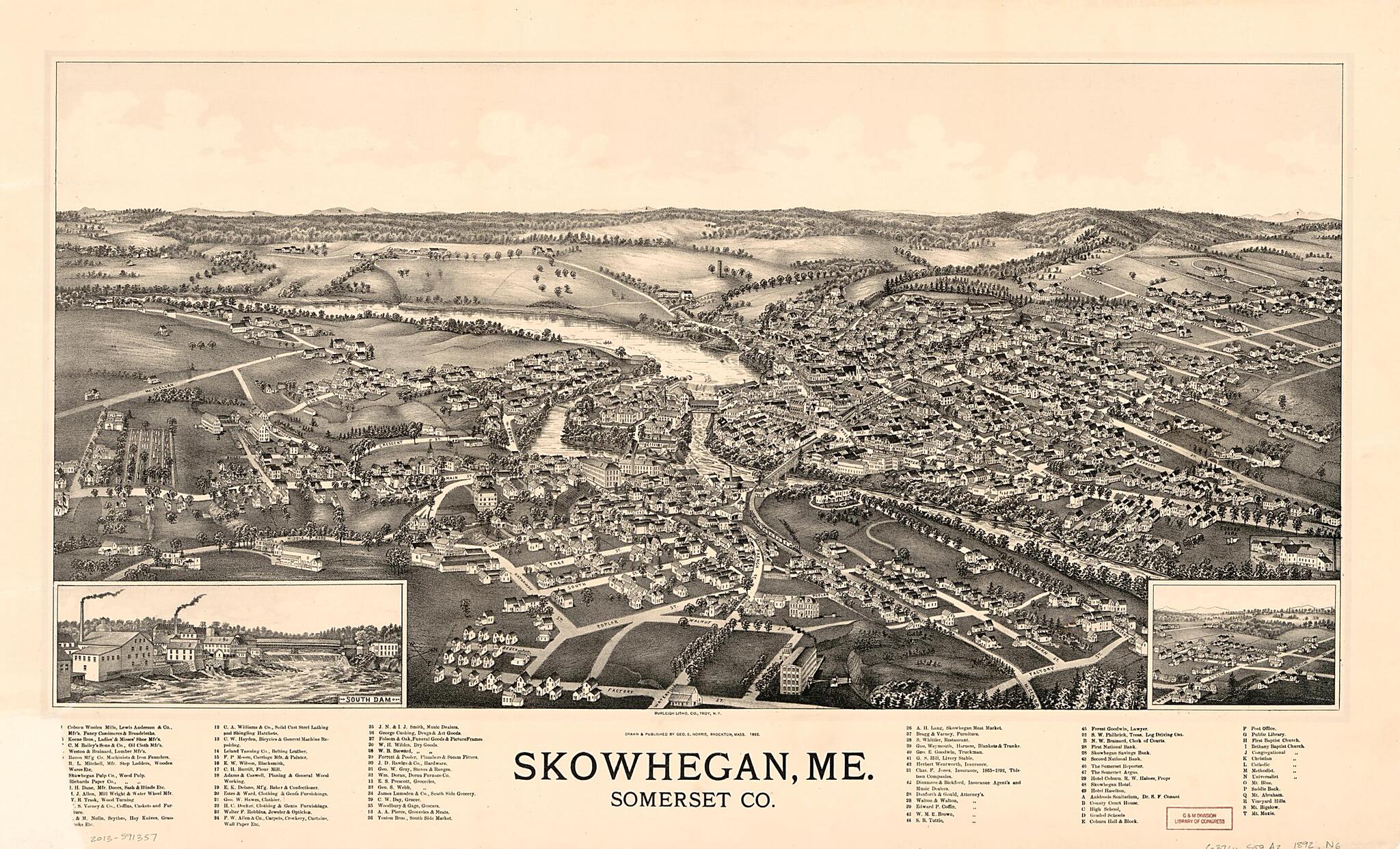 This old map of Skowhegan, ME from 1892 was created by George E. Norris in 1892