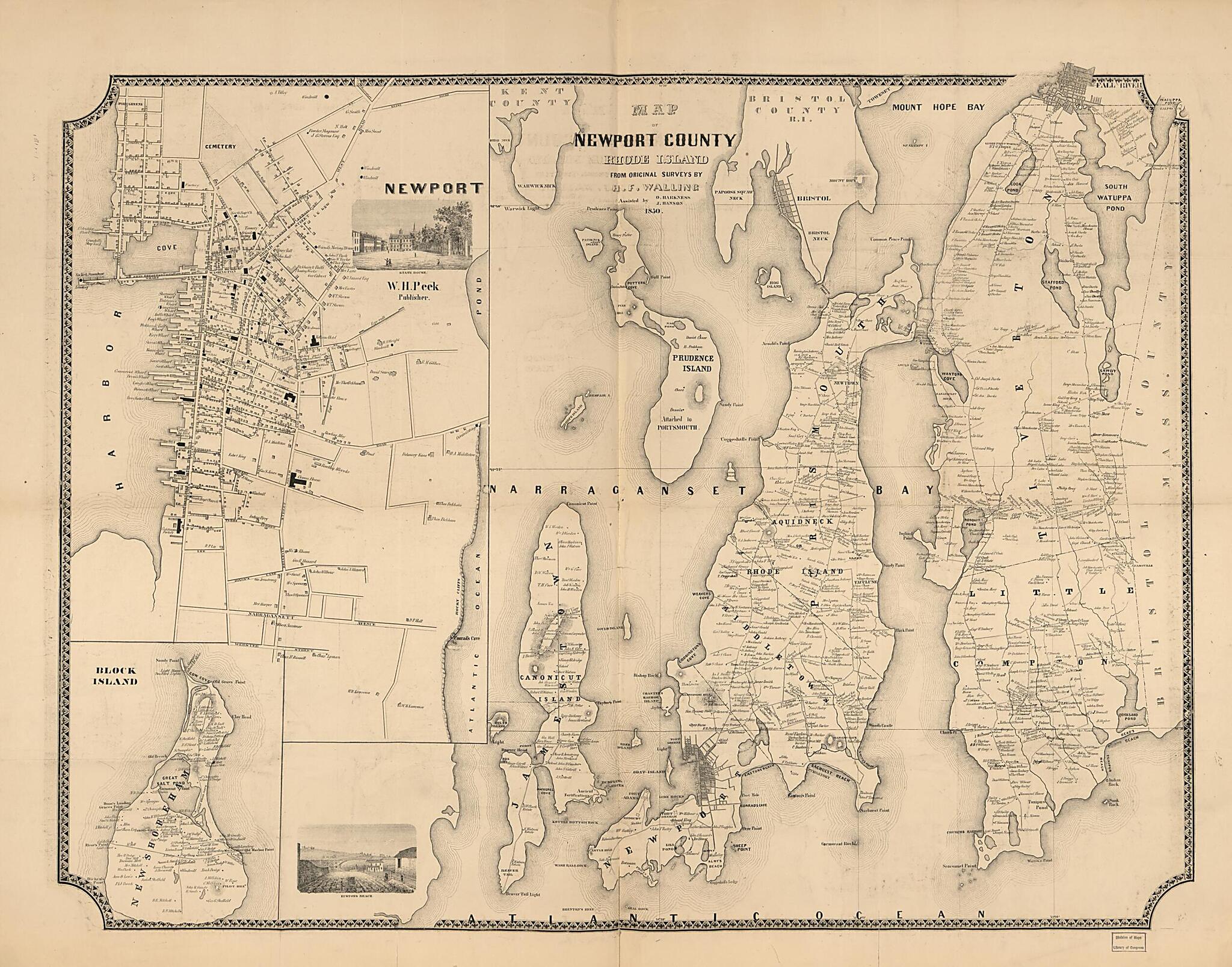 This old map of Map of Newport County, Rhode Island from 1850 was created by Henry Francis Walling in 1850