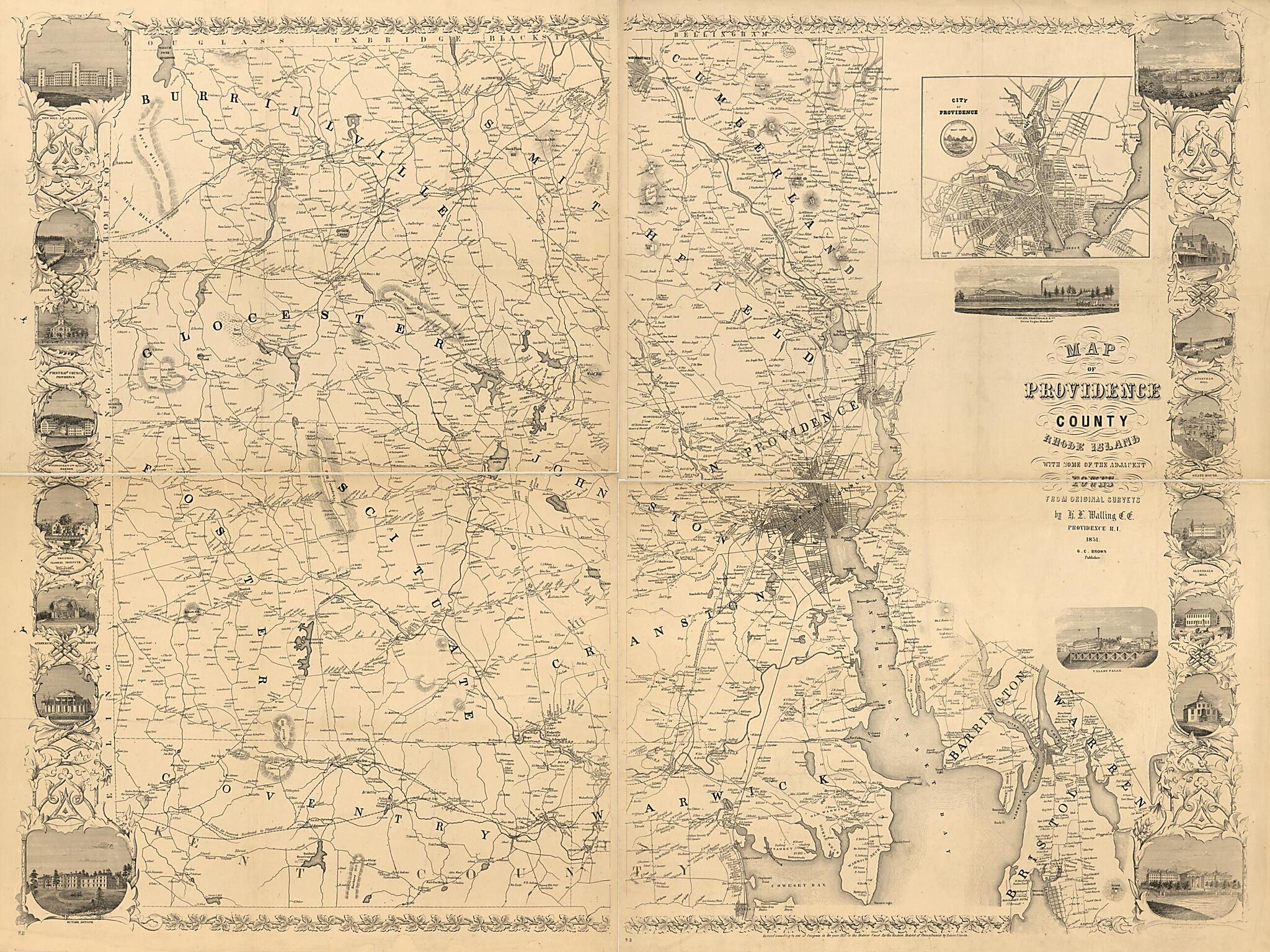 This old map of Map of Providence County, Rhode Island, With Some of the Adjacent Towns from 1851 was created by Henry Francis Walling in 1851