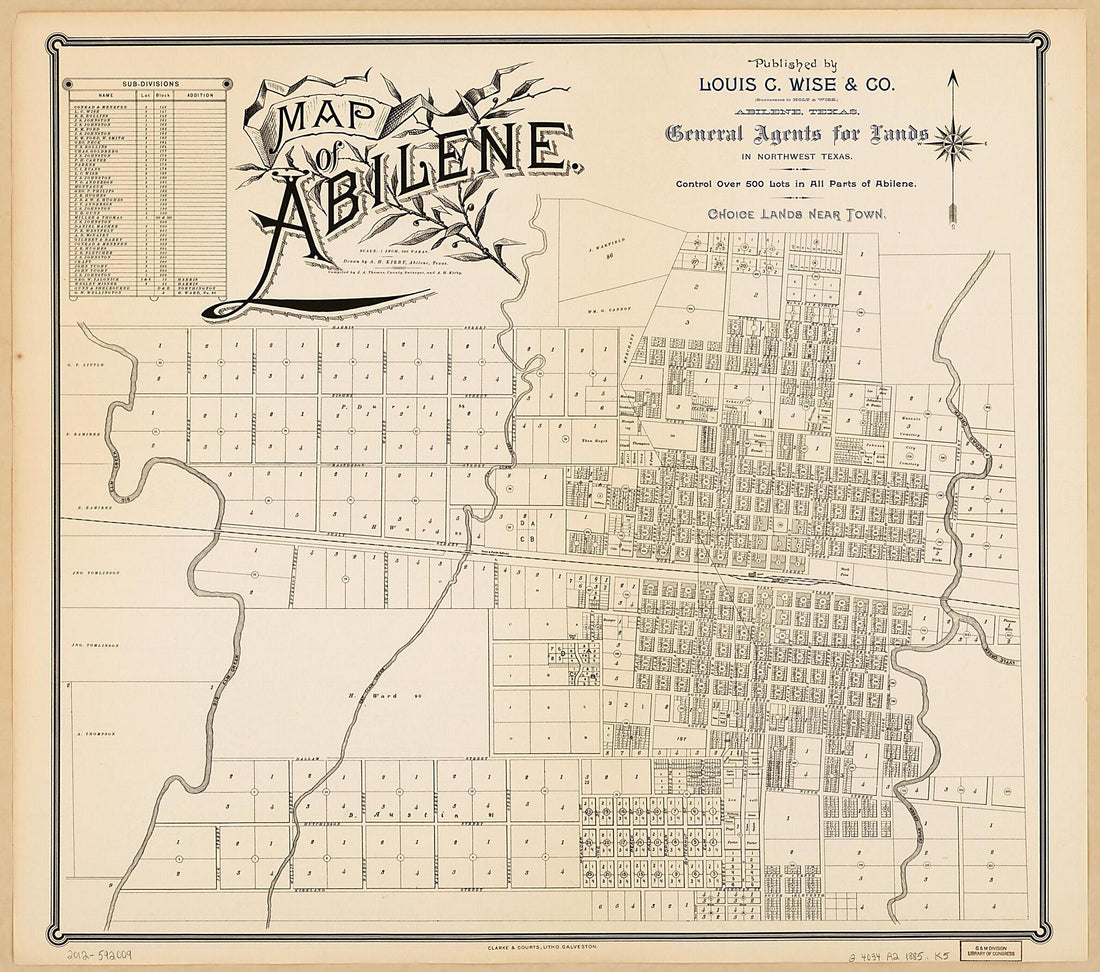 This old map of Map of Abilene from 1885 was created by A. H. Kirby, J. A. (John A.) Thomas in 1885