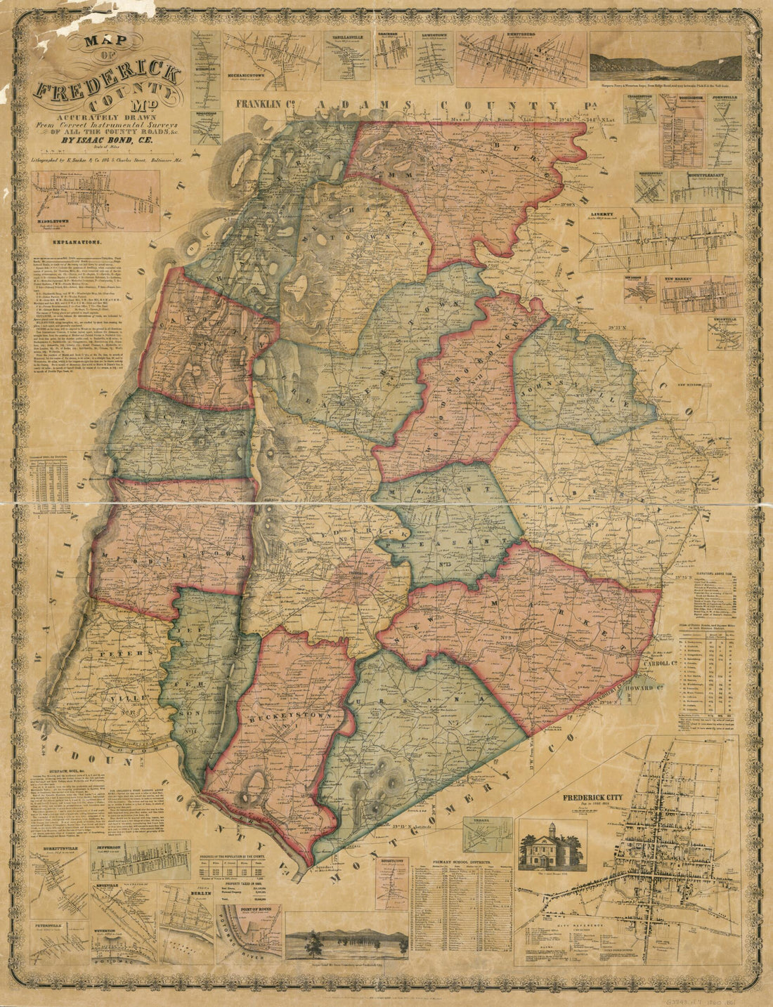 This old map of Map of Frederick County, Md. : Accurately Drawn from Correct Instrumental Surveys of All County Roads from 1860 was created by Isaac Bond in 1860