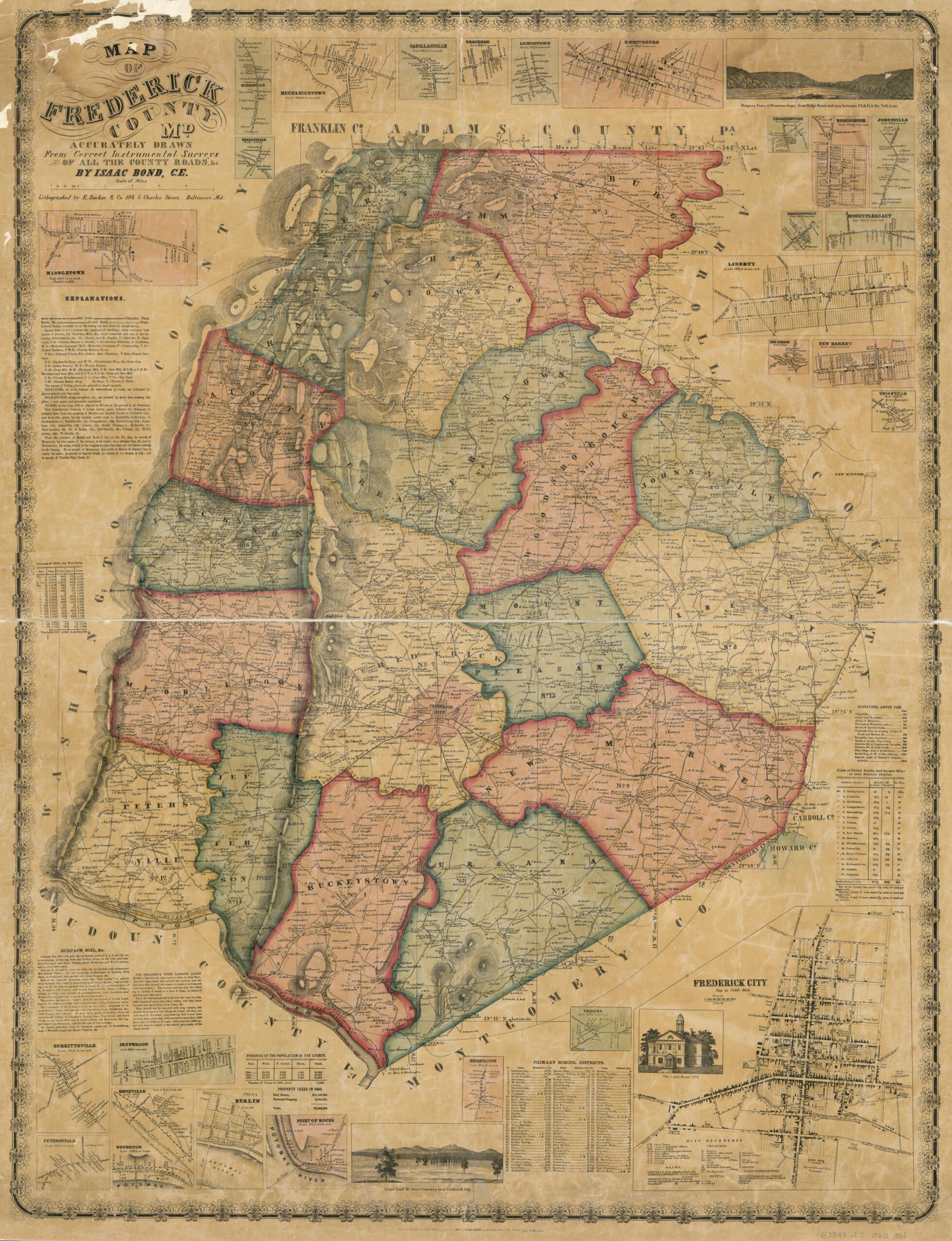 This old map of Map of Frederick County, Md. : Accurately Drawn from Correct Instrumental Surveys of All County Roads from 1860 was created by Isaac Bond in 1860