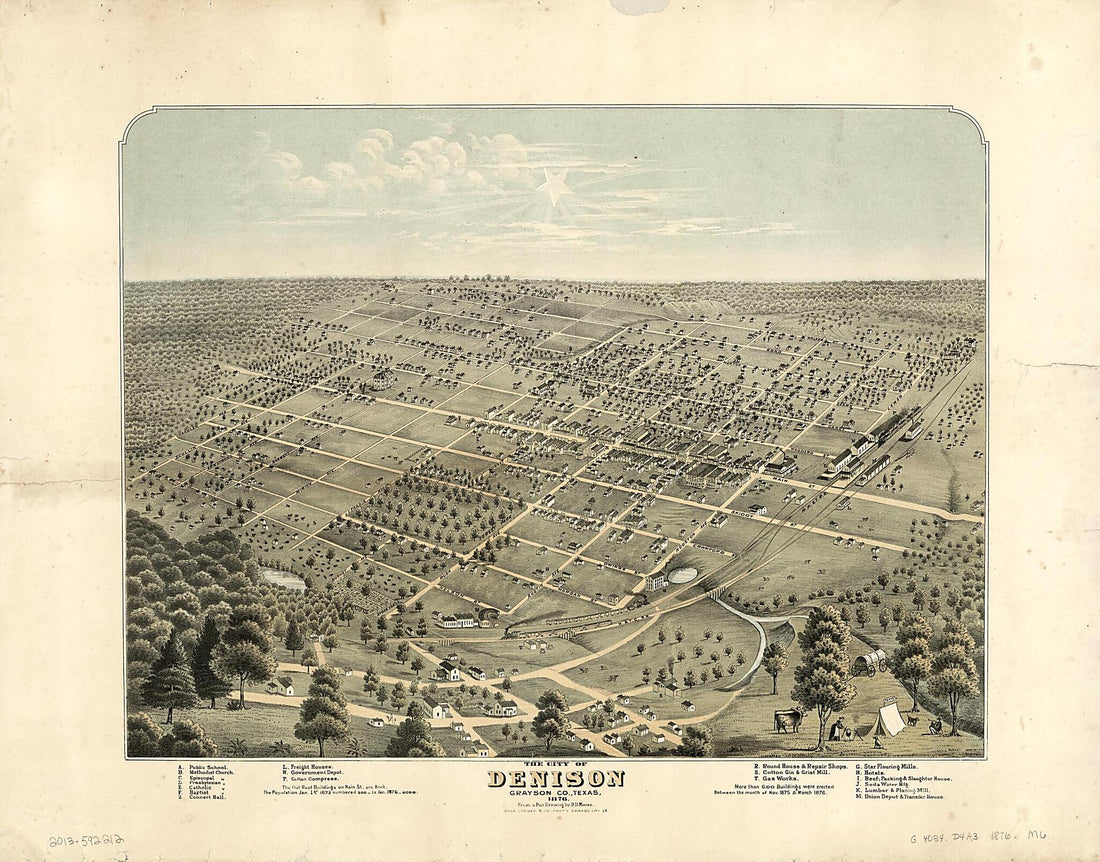 This old map of The City of Denison, Grayson County, Texas, from 1876 was created by D. D. Morse in 1876