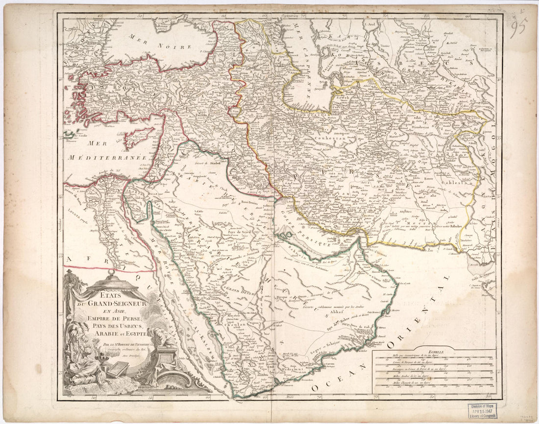 This old map of Seigneur En Asie : Empire De Perse, Pays Des Usbecs, Arabie Et Egypte from 1740 was created by Gilles Robert De Vaugondy in 1740