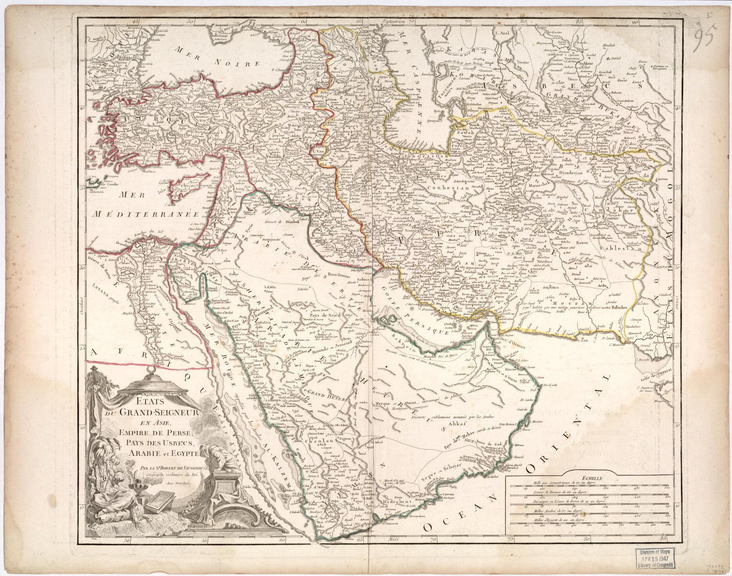 This old map of Seigneur En Asie : Empire De Perse, Pays Des Usbecs, Arabie Et Egypte from 1740 was created by Gilles Robert De Vaugondy in 1740