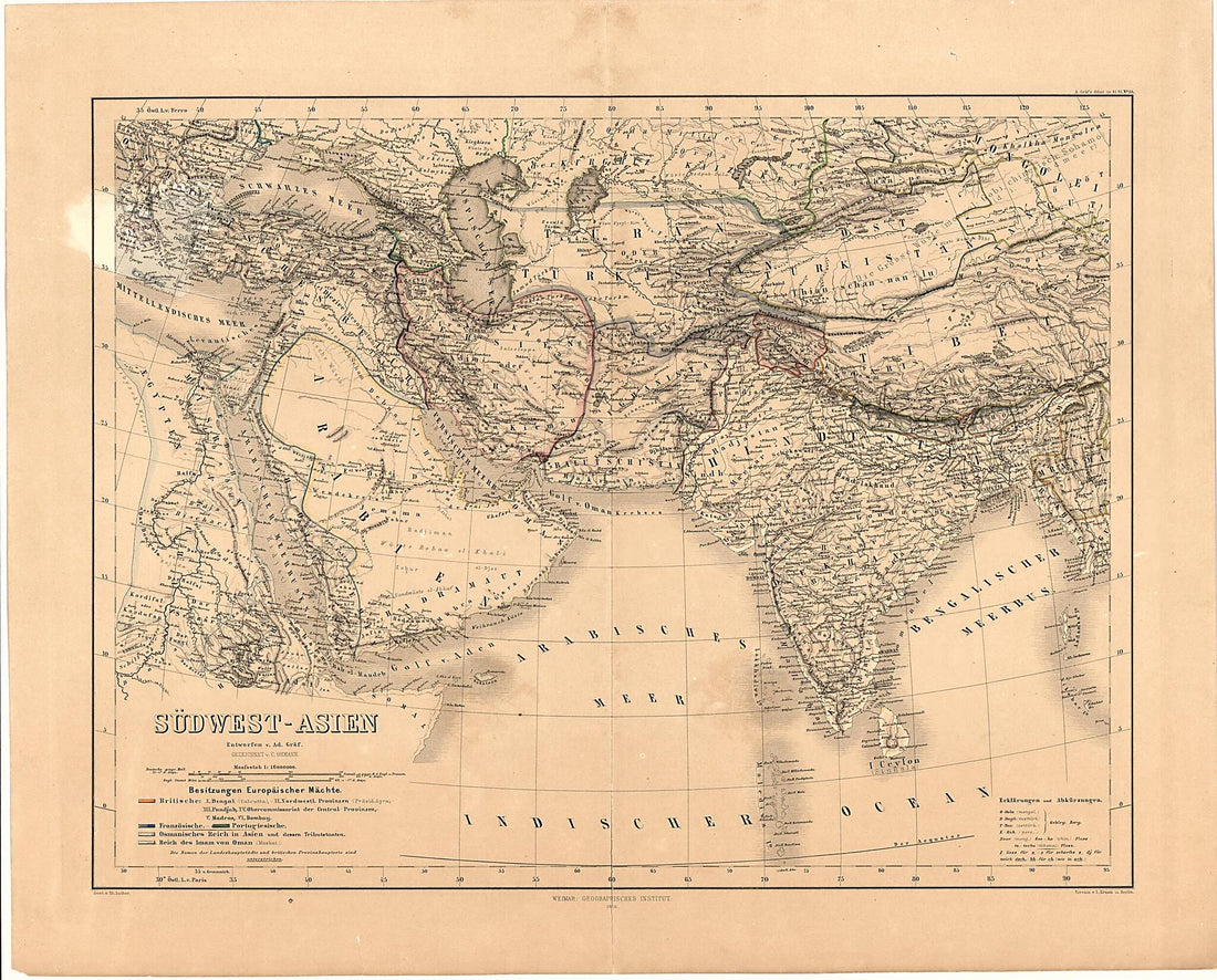 This old map of Asien : Possessions of European Powers from 1866 was created by Thuringia Geographisches Institut (Weimar in 1866