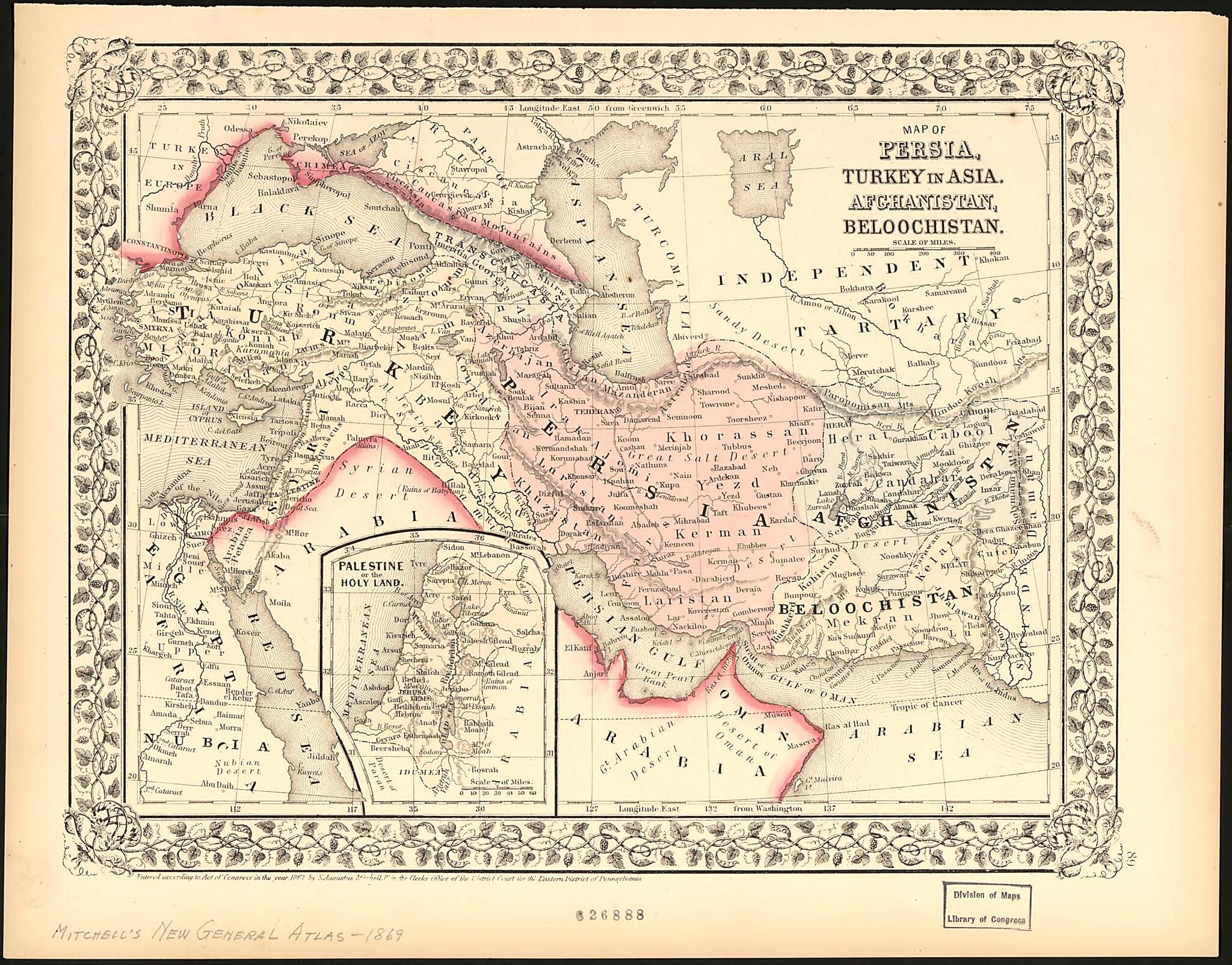 This old map of Map of Persia, Turkey In Asia : Afghanistan, Beloochistan from 1869 was created by S. Augustus Mitchell in 1869