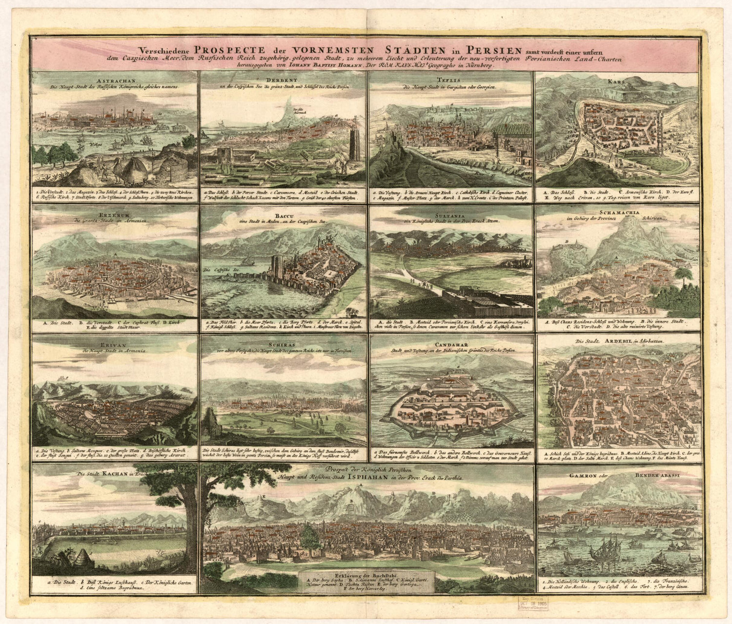 This old map of Verschiedene Propspecte Der Vornemsten Stadten In Persien from 1762 was created by Johann Baptist Homann in 1762