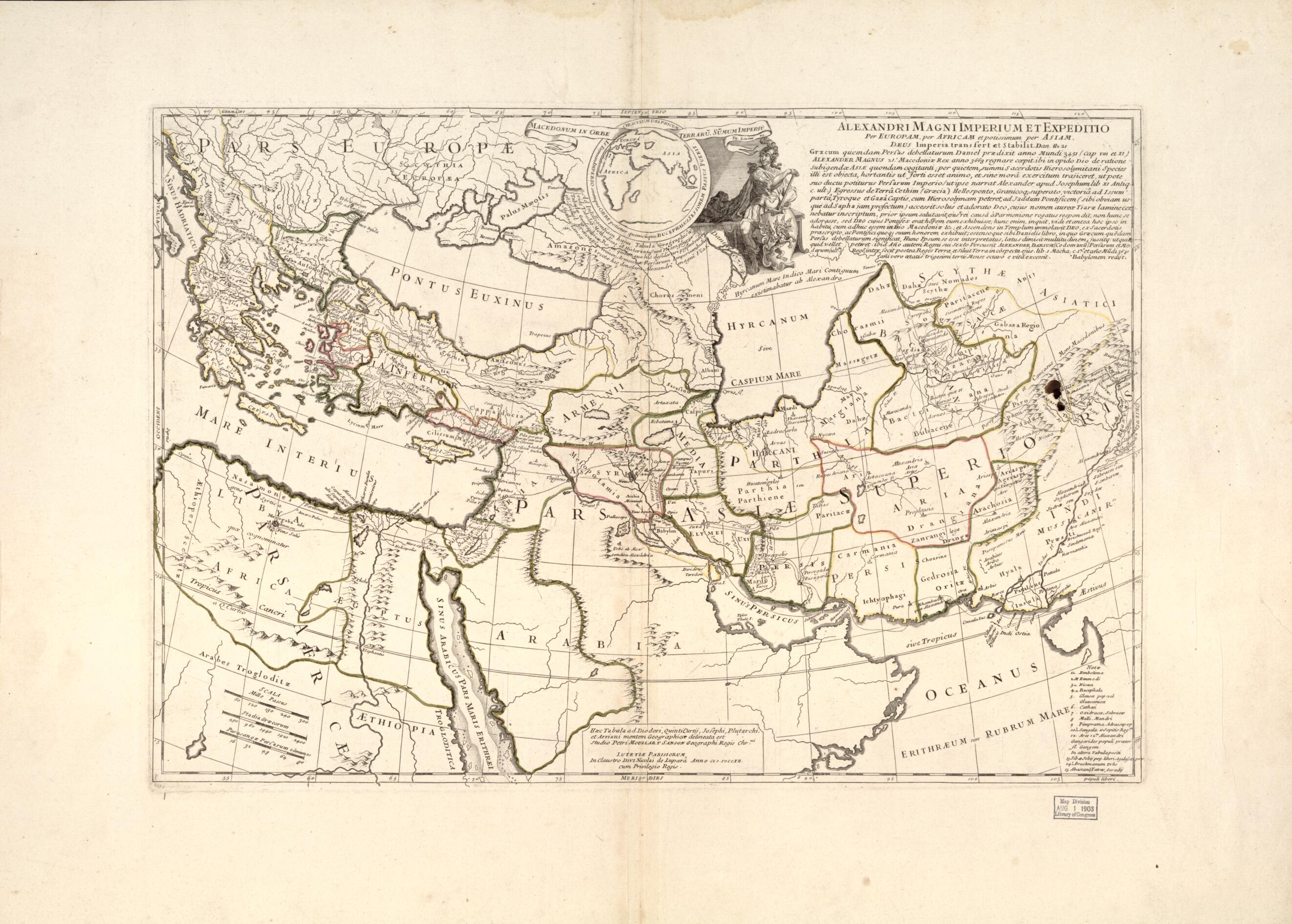 This old map of Alexandri Magni Imperium Et Expeditio Per Europam, Per Africam Et Potissimum Per Asiam from 1712 was created by Pierre Sanson in 1712