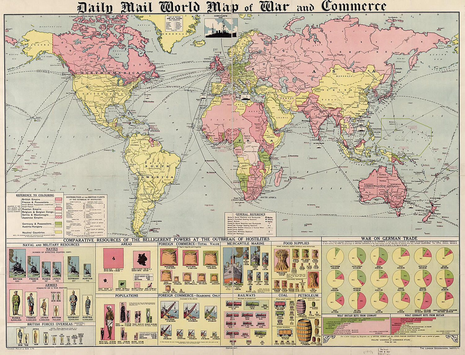 This old map of Daily Mail World Map of War and Commerce (World Map of War and Commerce) from 1917 was created by  George Philip &amp; Son,  London Geographical Institute in 1917