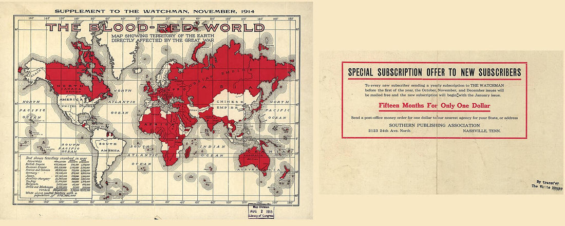 This old map of Red World : Map Showing Territory of the Earth Directly Affected by the Great War from 1914 was created by  Southern Publishing Association in 1914