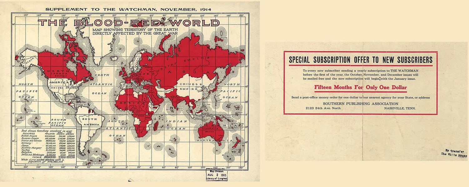 This old map of Red World : Map Showing Territory of the Earth Directly Affected by the Great War from 1914 was created by  Southern Publishing Association in 1914