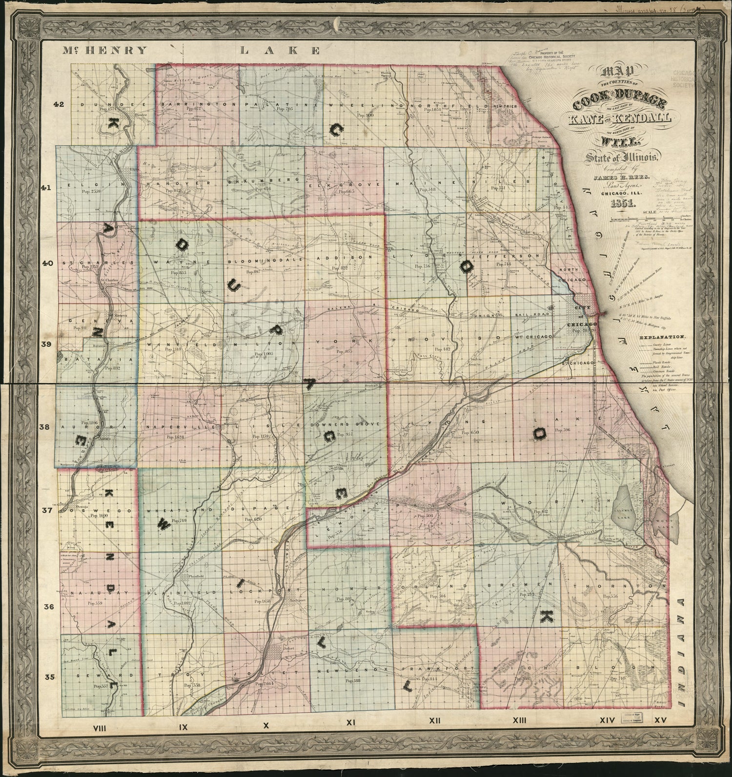 This old map of Map of the Counties of Cook and DuPage, the East Part of Kane and Kendall, the North Part of Will, State of Illinois from 1851 was created by  Ferd. Mayer &amp; Co, James H. Rees in 1851