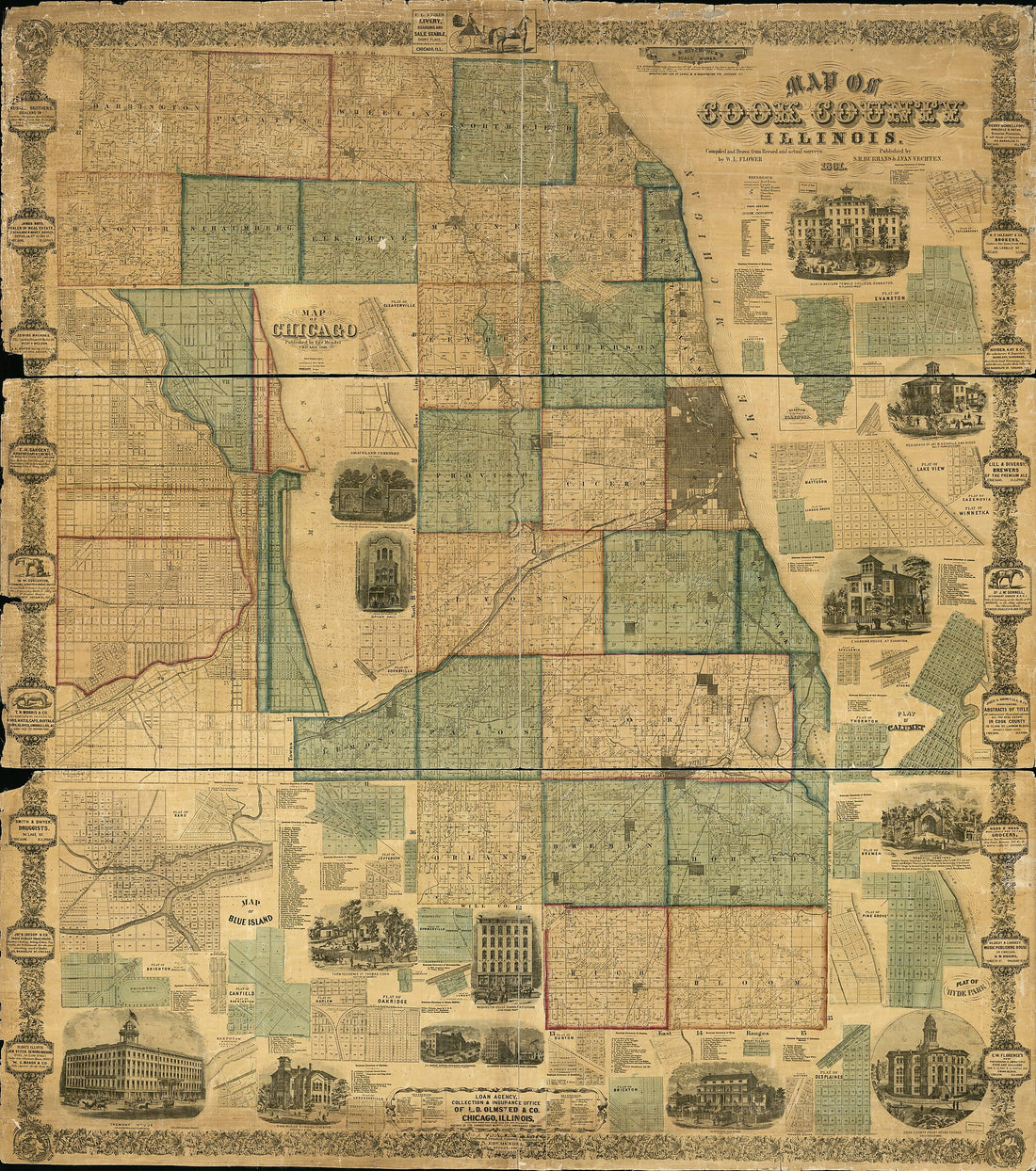 This old map of Map of Cook County, Illinois from 1861 was created by W. L. Flower, Edward Mendel in 1861