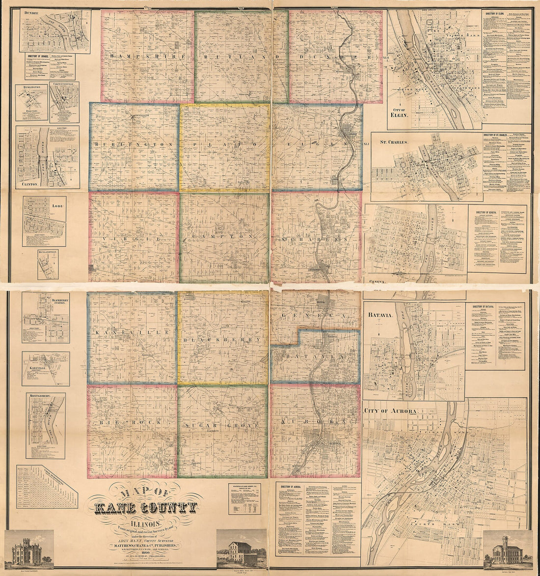 This old map of Map of Kane County, Illinois from 1860 was created by Adin Mann in 1860