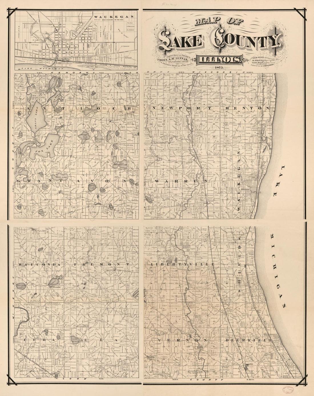 This old map of Map of Lake County, Illinois from 1873 was created by  Frost &amp; McLennan in 1873