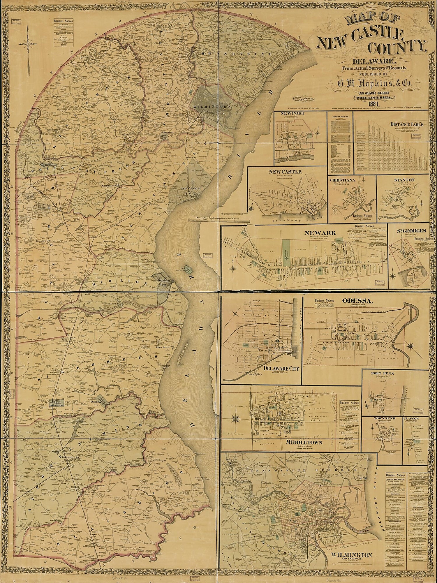 This old map of Map of New Castle County, Delaware : from Actual Surveys &amp; Recotds from 1881 was created by F. (Frederick) Bourquin,  G.M. Hopkins &amp; Co, Griffith Morgan Hopkins,  Walter S. Mac Cormac &amp; Co in 1881